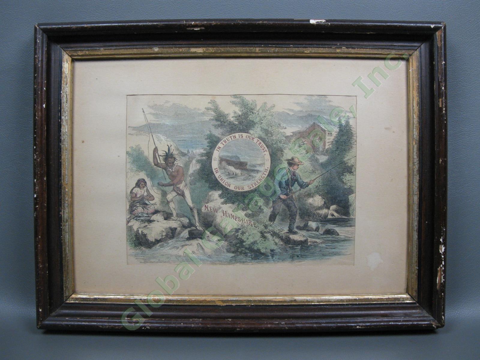 1855 John Andrew Hand-Colored New Hampshire NH Abenaki Fishing Lithograph Print