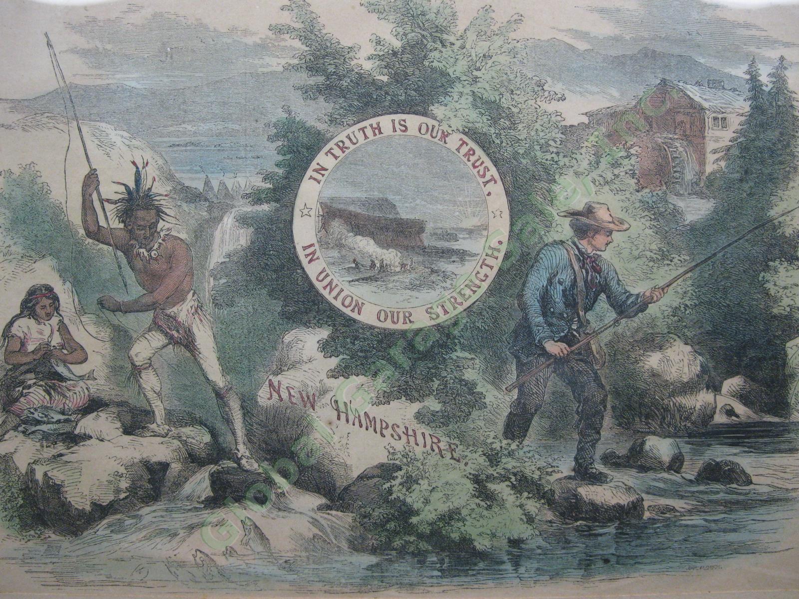 1855 John Andrew Hand-Colored New Hampshire NH Abenaki Fishing Lithograph Print 1