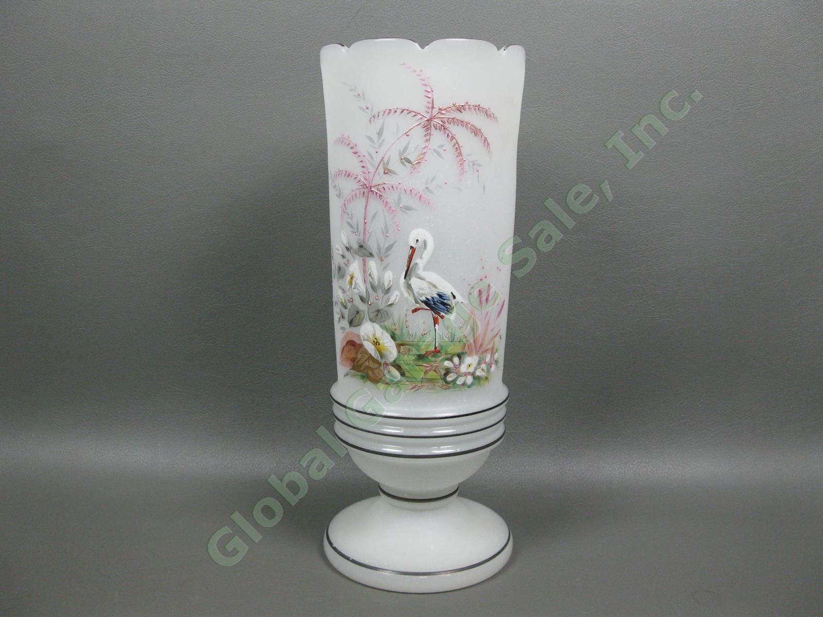 Large Antique Hand-Blown Opaline Glass Vase Enameled Stork Flowers Bird Art NR