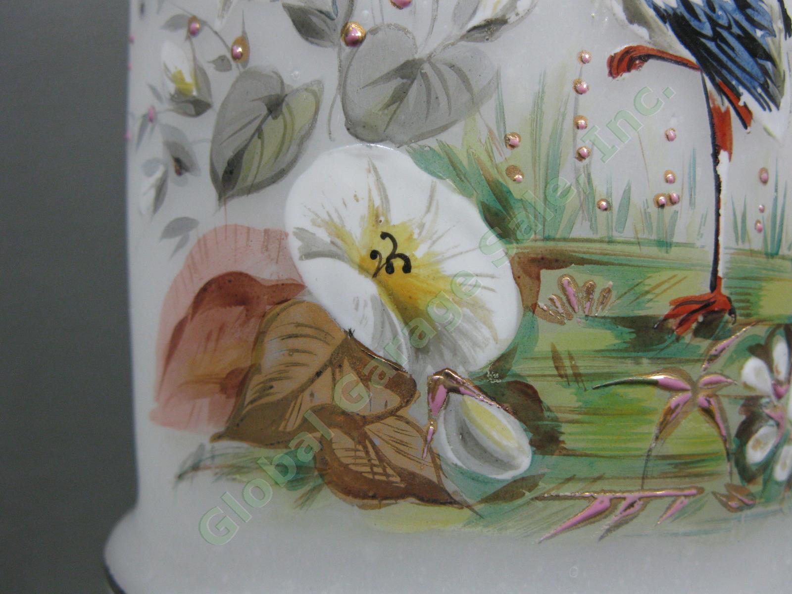Large Antique Hand-Blown Opaline Glass Vase Enameled Stork Flowers Bird Art NR 3