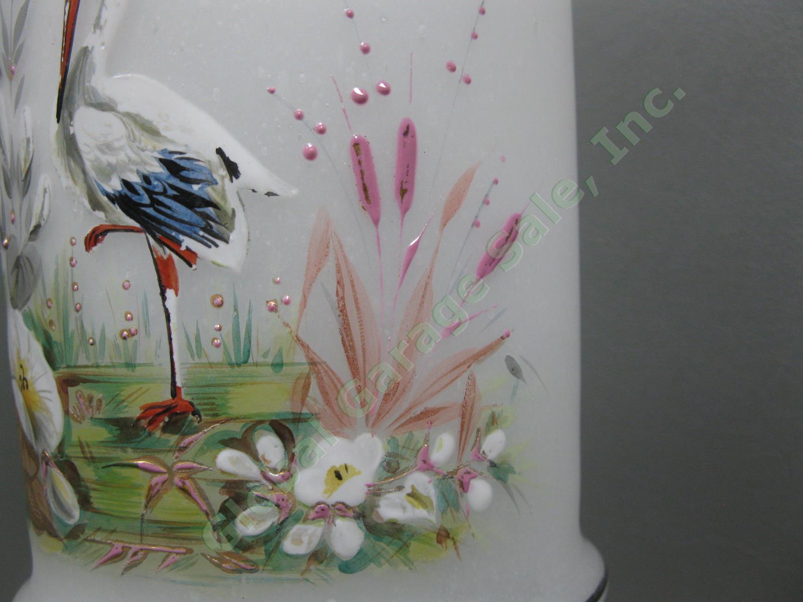 Large Antique Hand-Blown Opaline Glass Vase Enameled Stork Flowers Bird Art NR 4