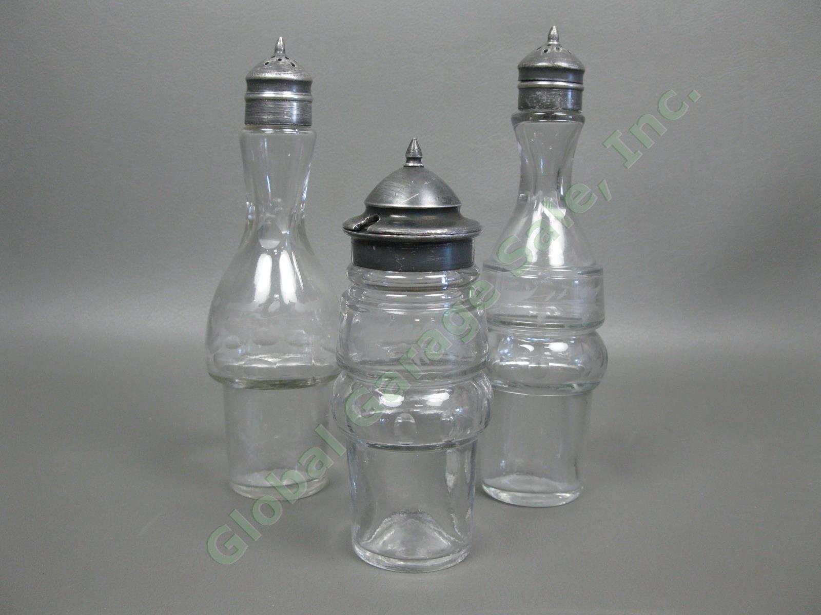 Antique Silverplate Glass Cruet Condiment Set Ornate Engraved Rotating 5-Bottle 1