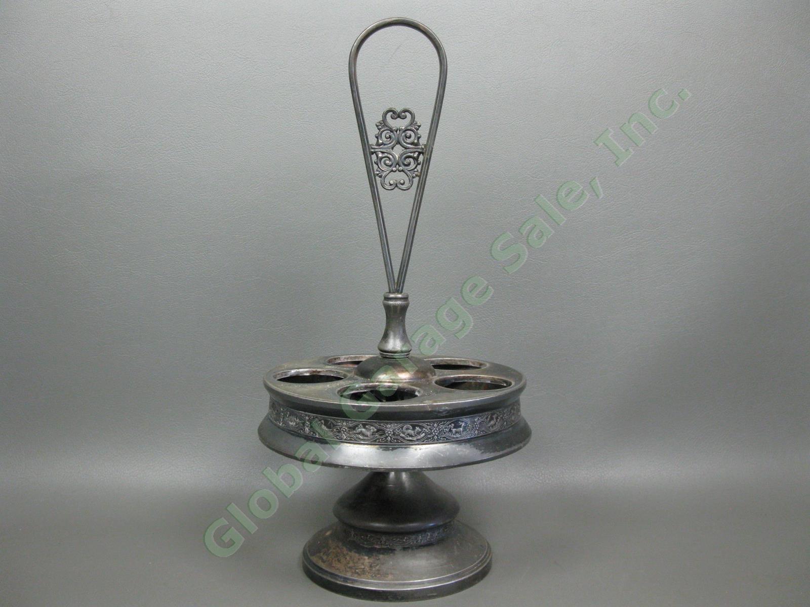 Antique Silverplate Glass Cruet Condiment Set Ornate Engraved Rotating 5-Bottle 3