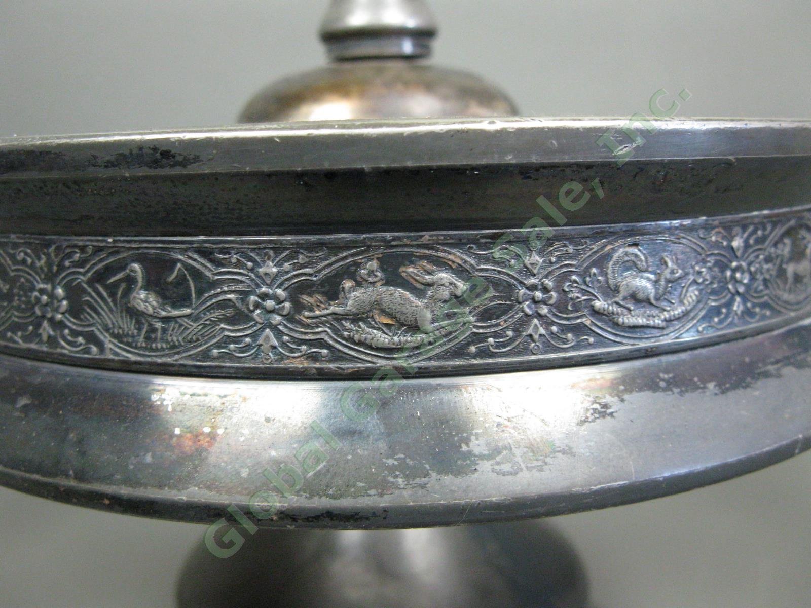 Antique Silverplate Glass Cruet Condiment Set Ornate Engraved Rotating 5-Bottle 5