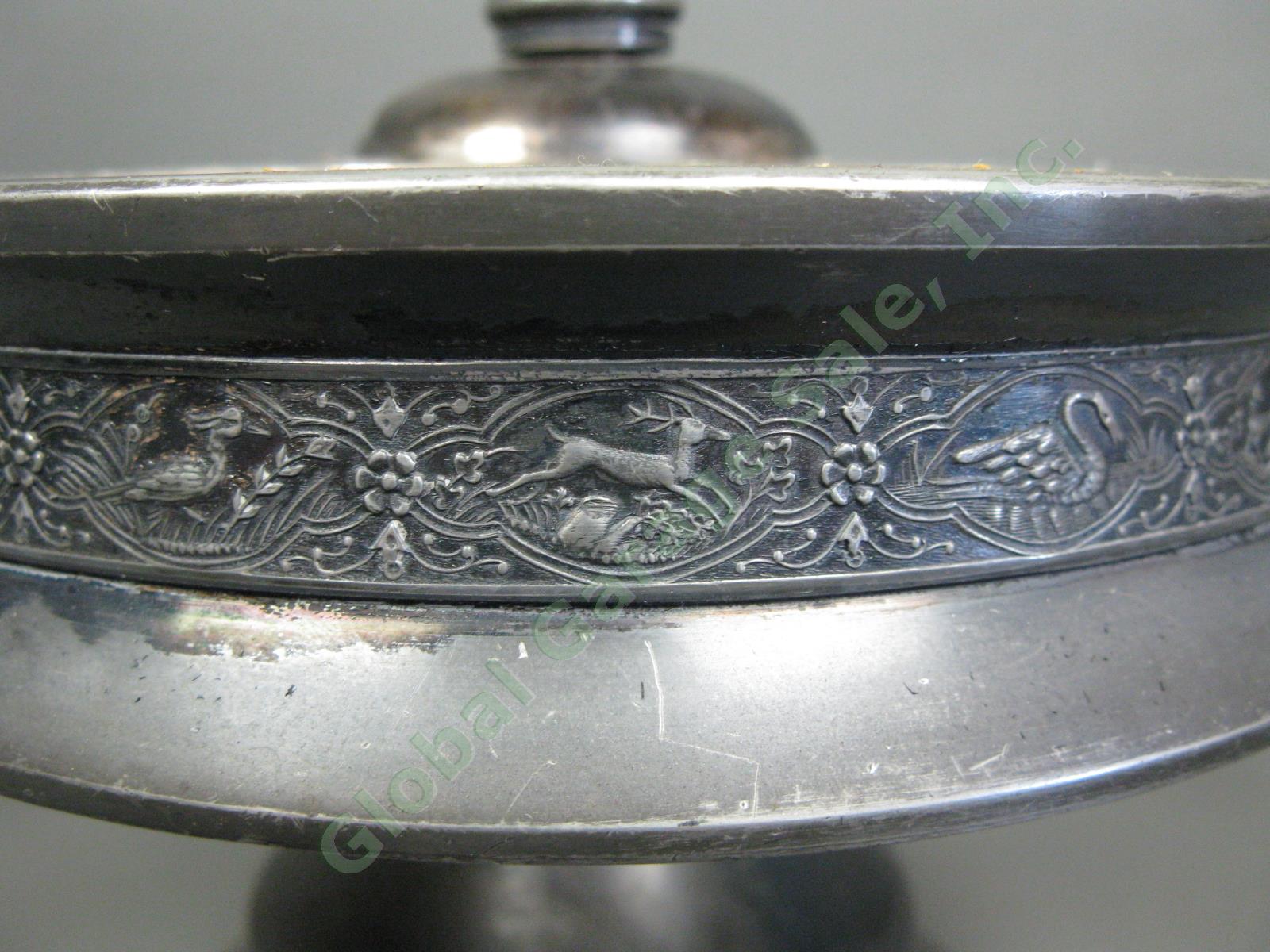 Antique Silverplate Glass Cruet Condiment Set Ornate Engraved Rotating 5-Bottle 6