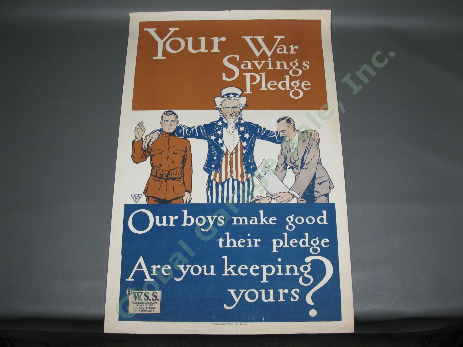 Original WWI War Savings Pledge Uncle Sam WSS Stamps Lithograph Poster