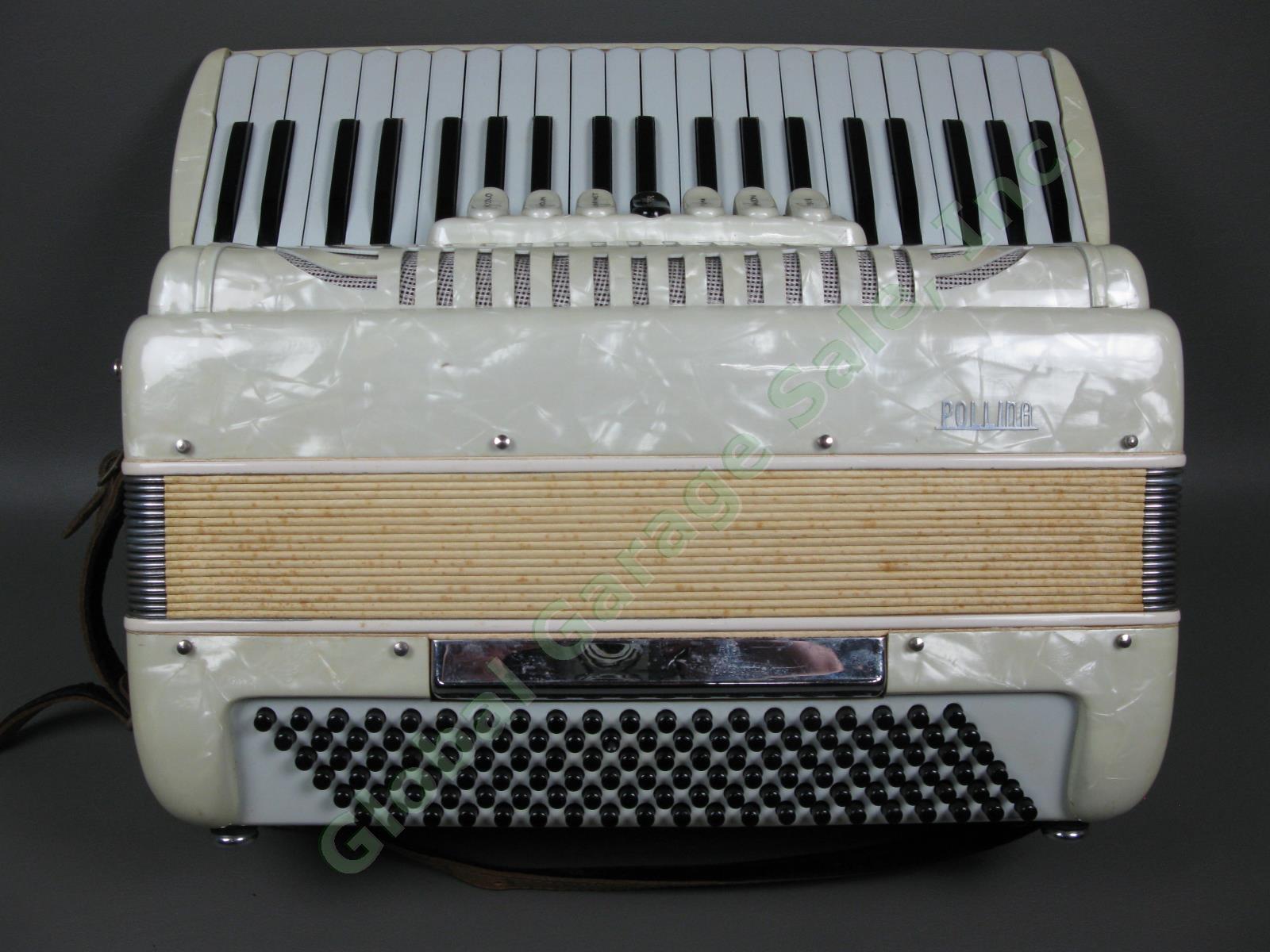 RARE Vintage White Pollina Piano Accordion 41/120 Treble Bass Keyboard Hard Case 2