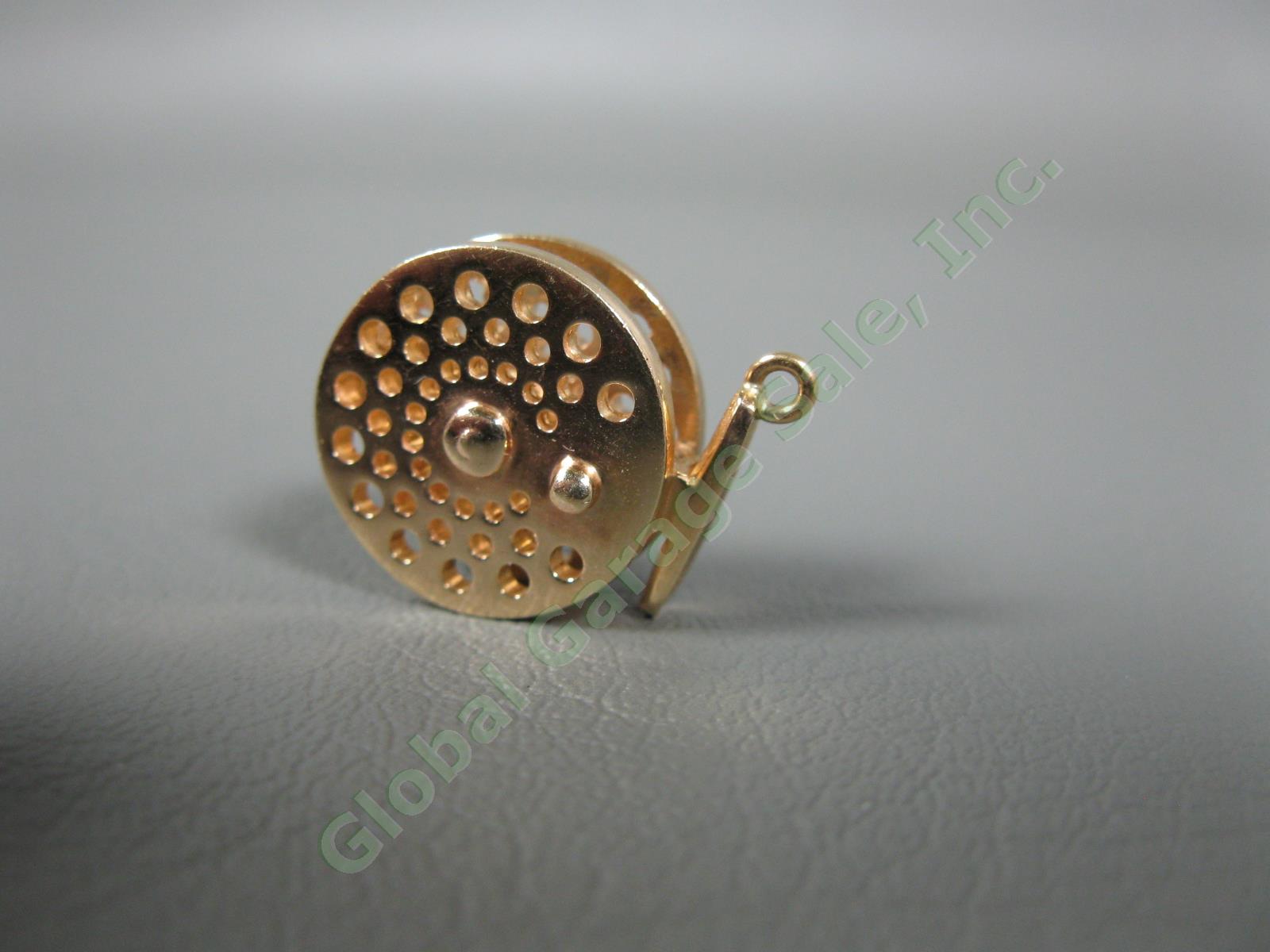 Vintage 14k Yellow Gold Fly Fishing Reel 3D Charm Necklace Pendant 7.3 Grams NR 3
