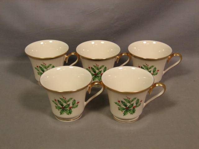 5 Vintage Lenox Holiday Holly Coffee Tea Cups + Saucers 1