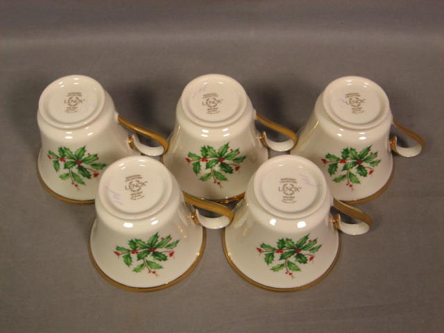 5 Vintage Lenox Holiday Holly Coffee Tea Cups + Saucers 2