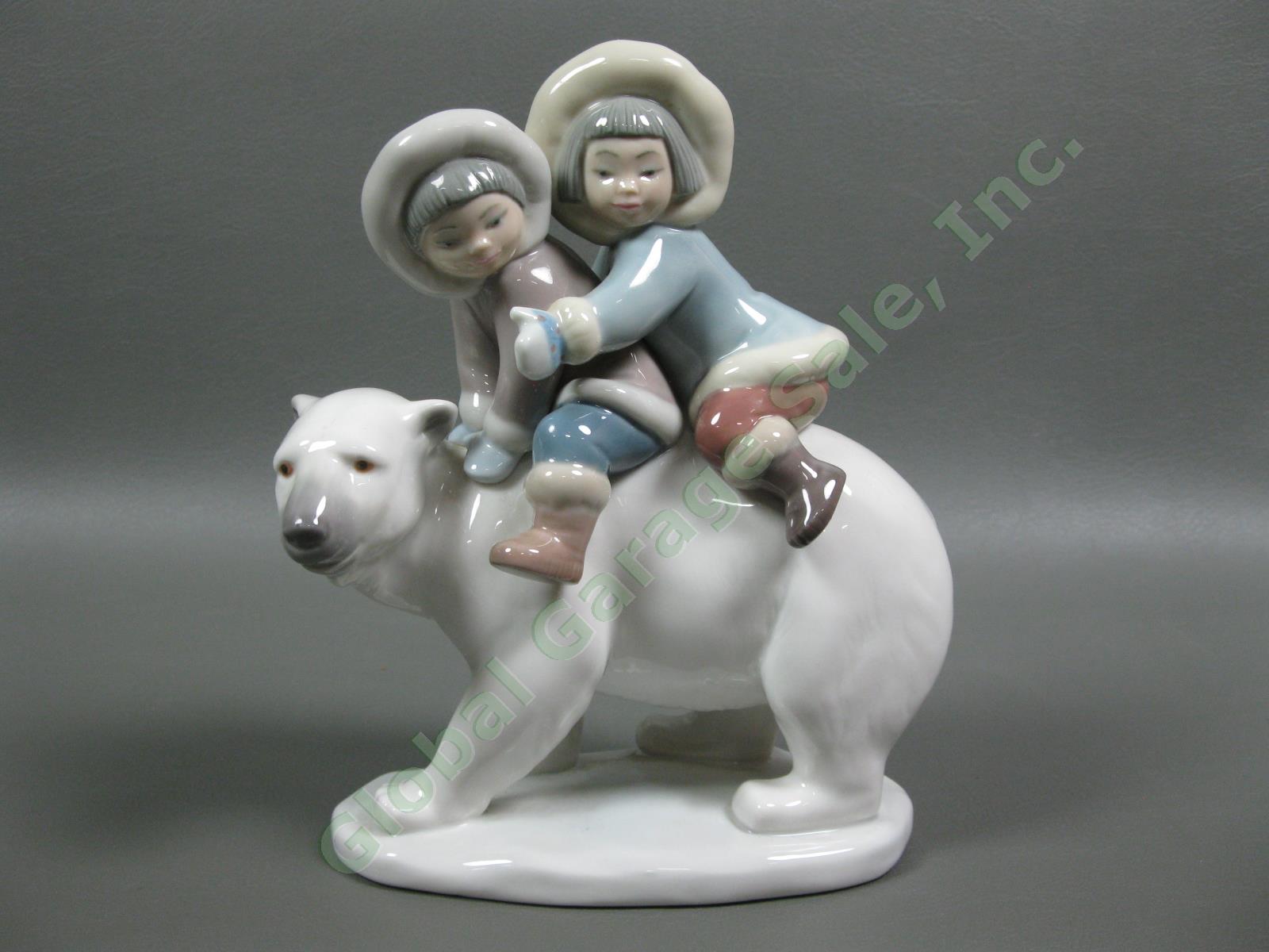 Lladro 5353 Inuit Eskimo Riders Children Riding Polar Bear Porcelain Figurine NR