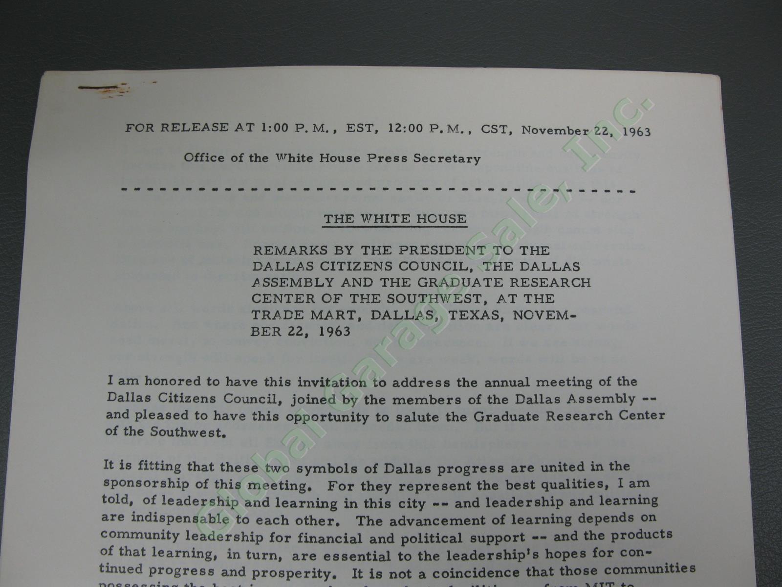 11/22/63 Kennedy UNREAD Speech Dallas Texas Citizens Council JFK Press Release 1