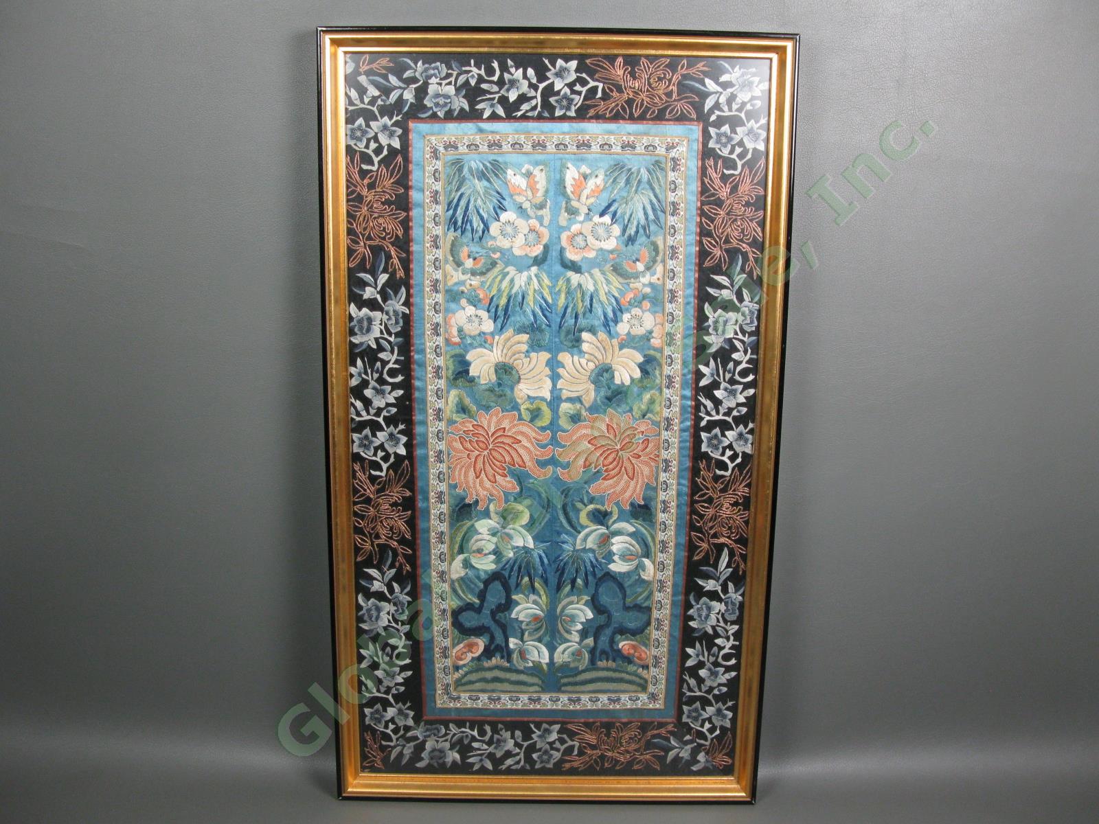 Antique Chinese Oriental Silk Flower Butterfly Floral Embroidery Tapestry Panel
