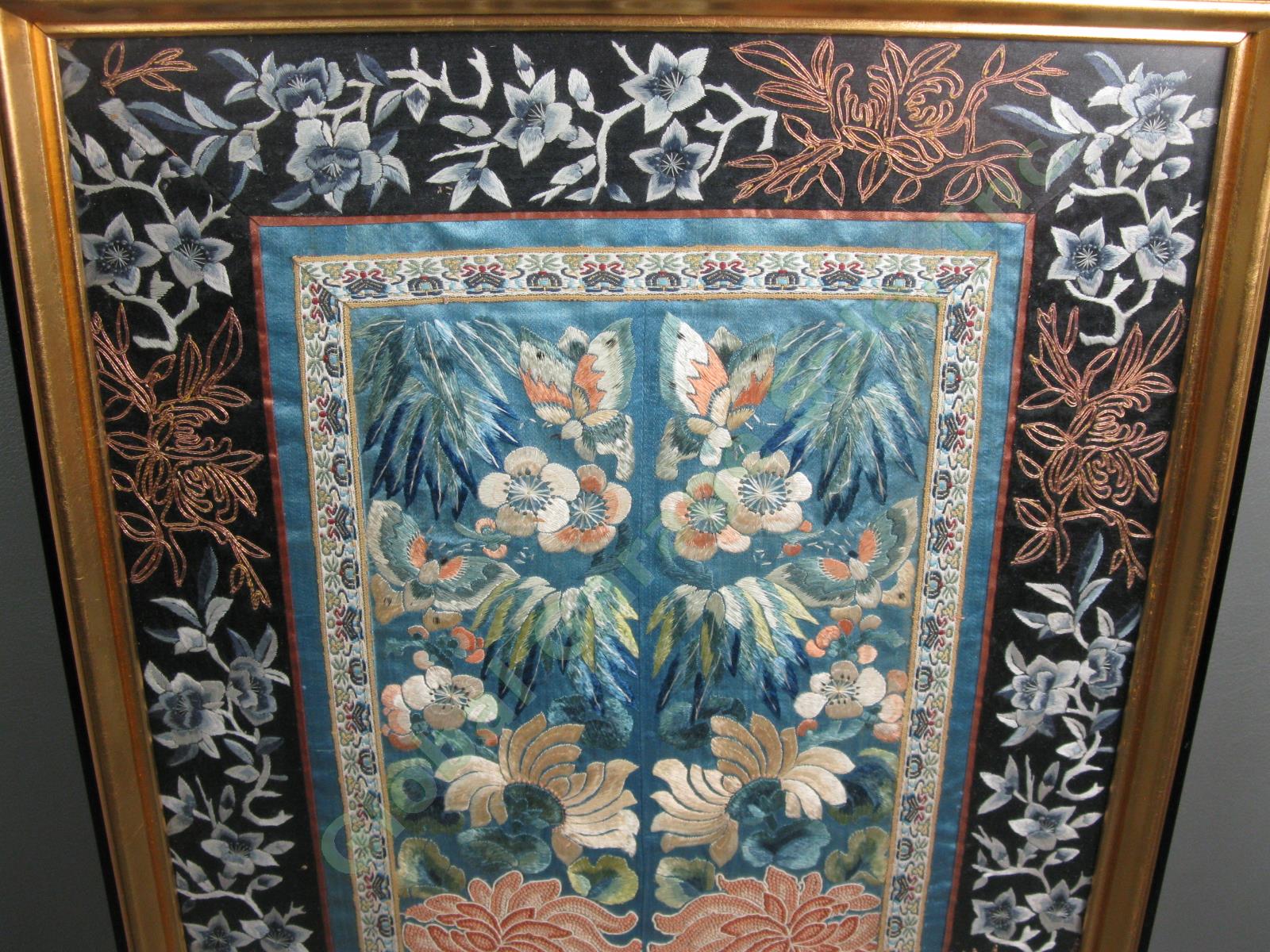 Antique Chinese Oriental Silk Flower Butterfly Floral Embroidery Tapestry Panel 1