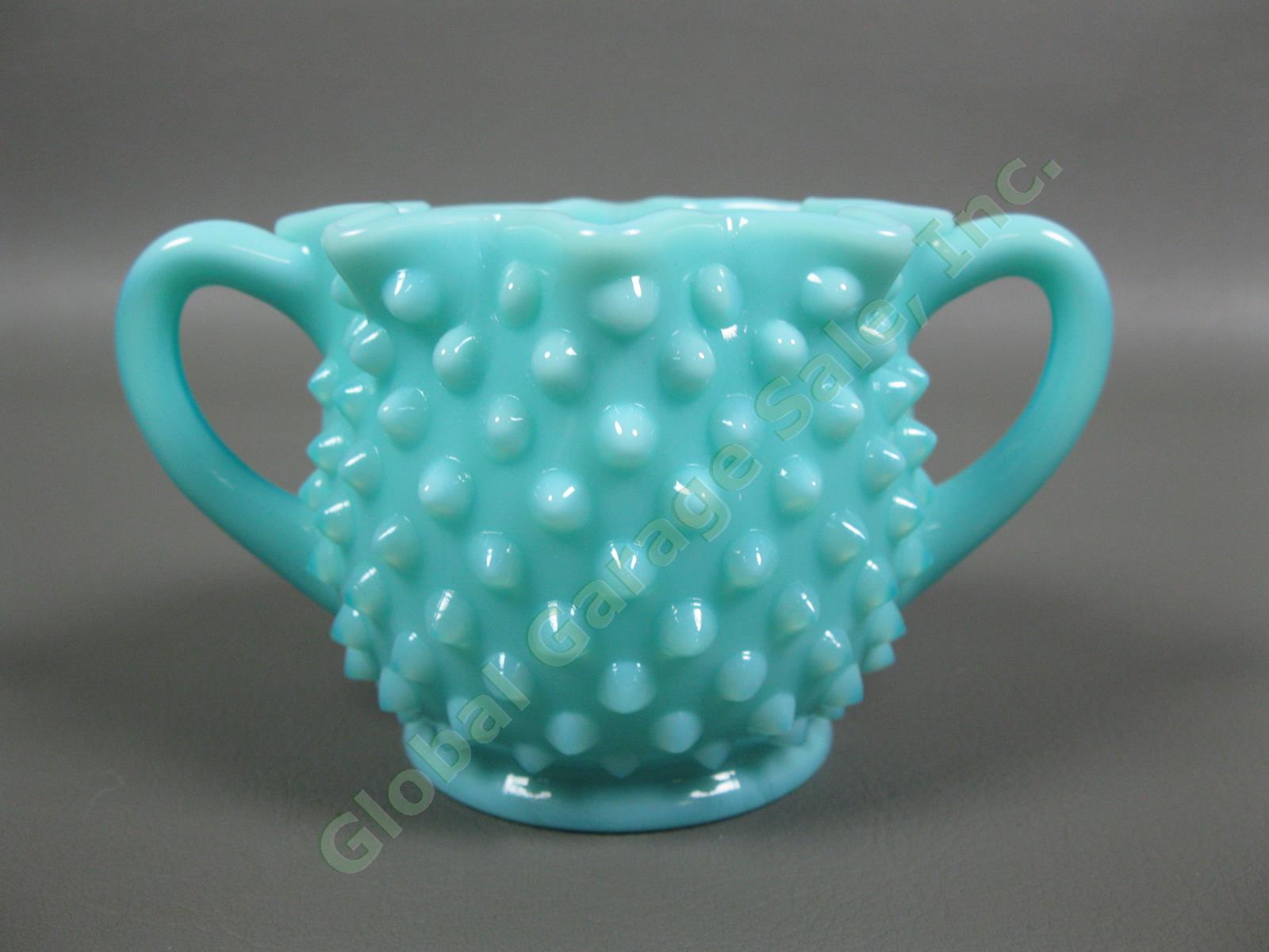Vintage Fenton Turquoise Hobnail Star Crimped Sugar Bowl Creamer Milk Glass Set 1