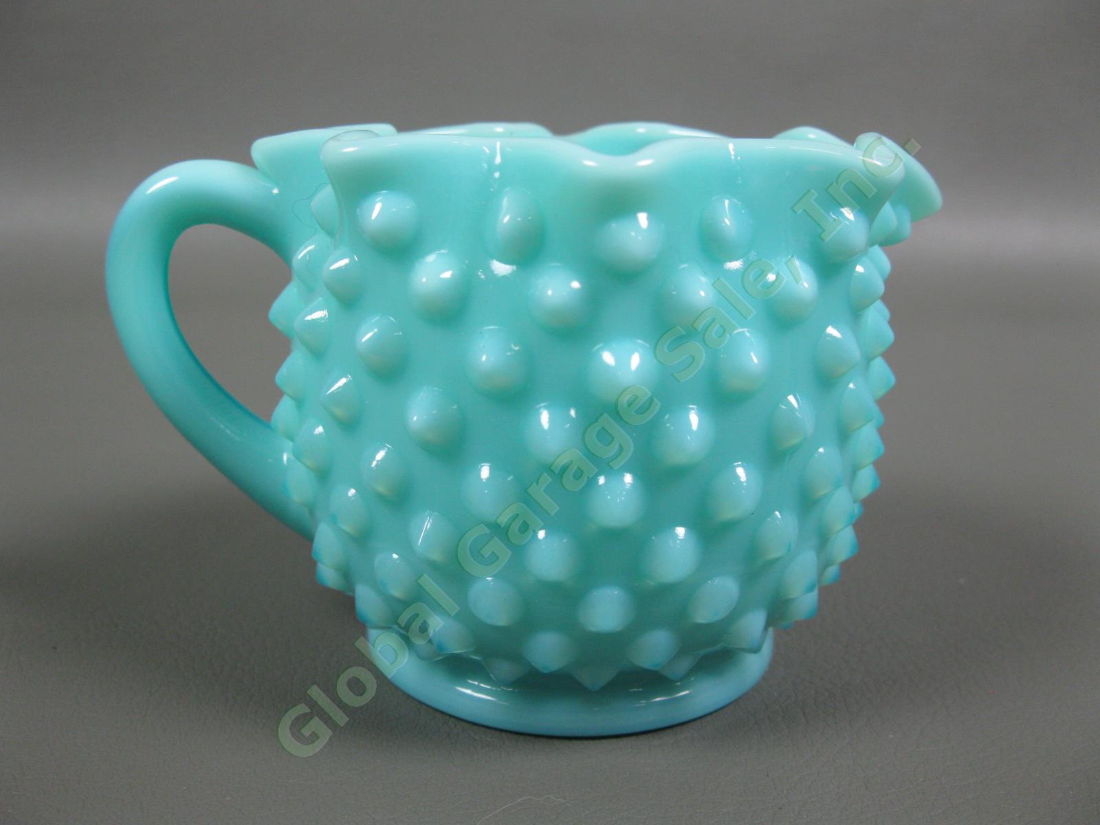 Vintage Fenton Turquoise Hobnail Star Crimped Sugar Bowl Creamer Milk Glass Set 2