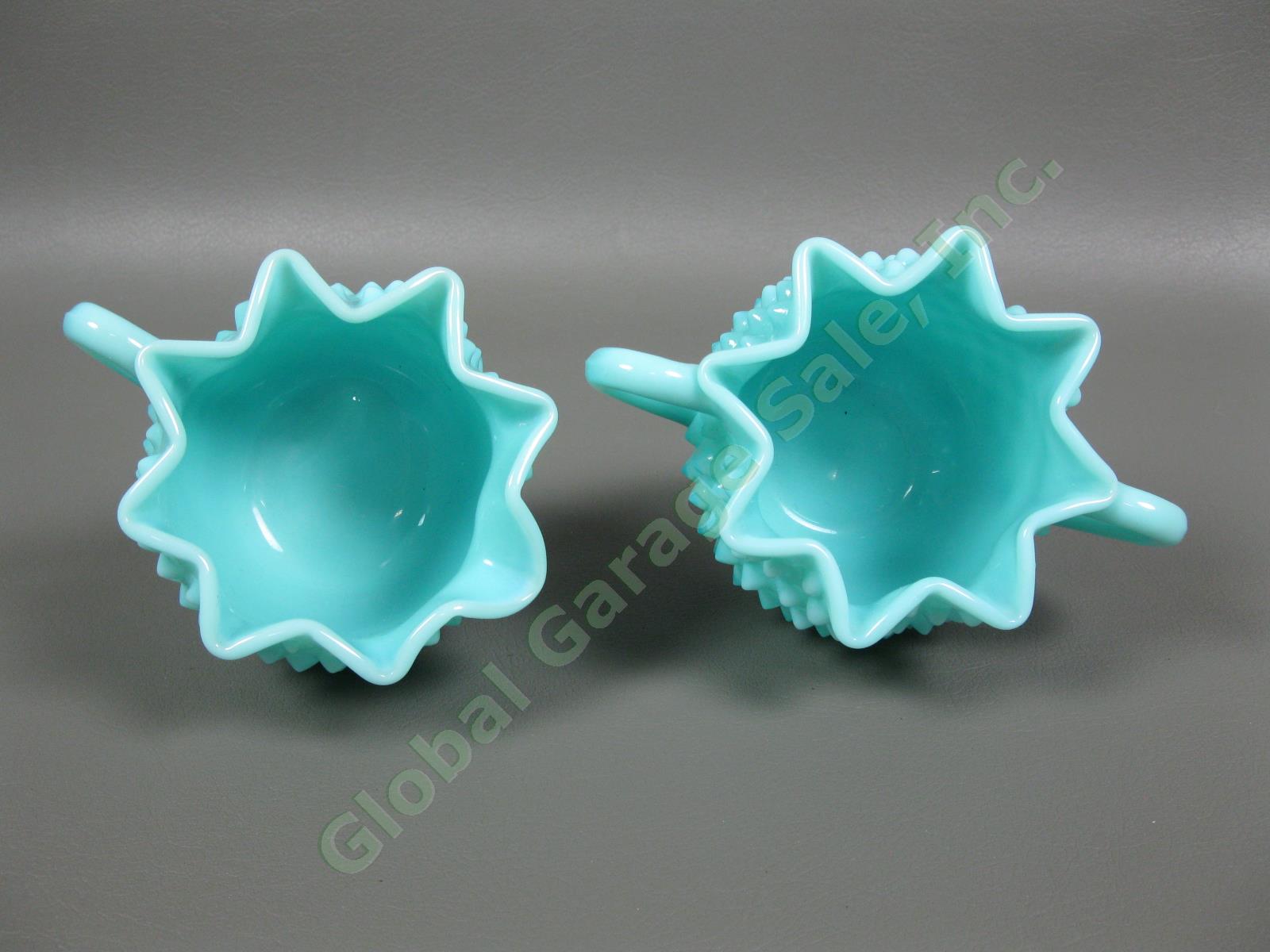 Vintage Fenton Turquoise Hobnail Star Crimped Sugar Bowl Creamer Milk Glass Set 3