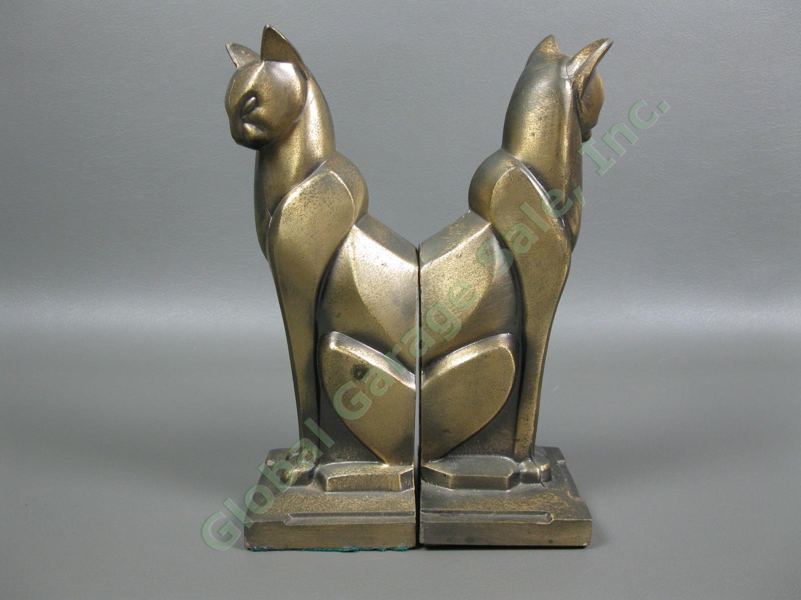 Pair Antique Art Deco Egyptian Revival Cat Bronze Bookend Set Frankart Era Egypt