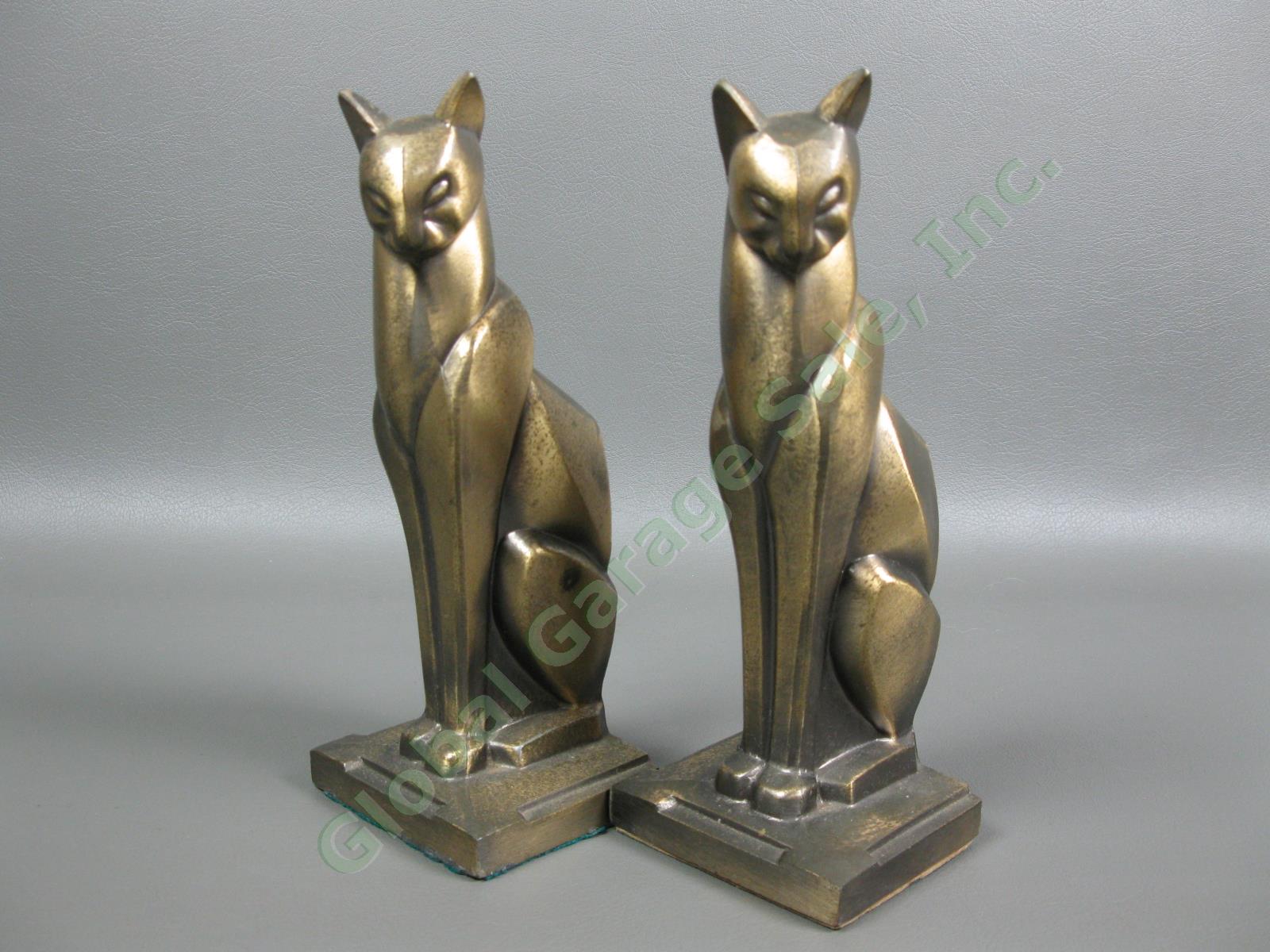 Pair Antique Art Deco Egyptian Revival Cat Bronze Bookend Set Frankart Era Egypt 1