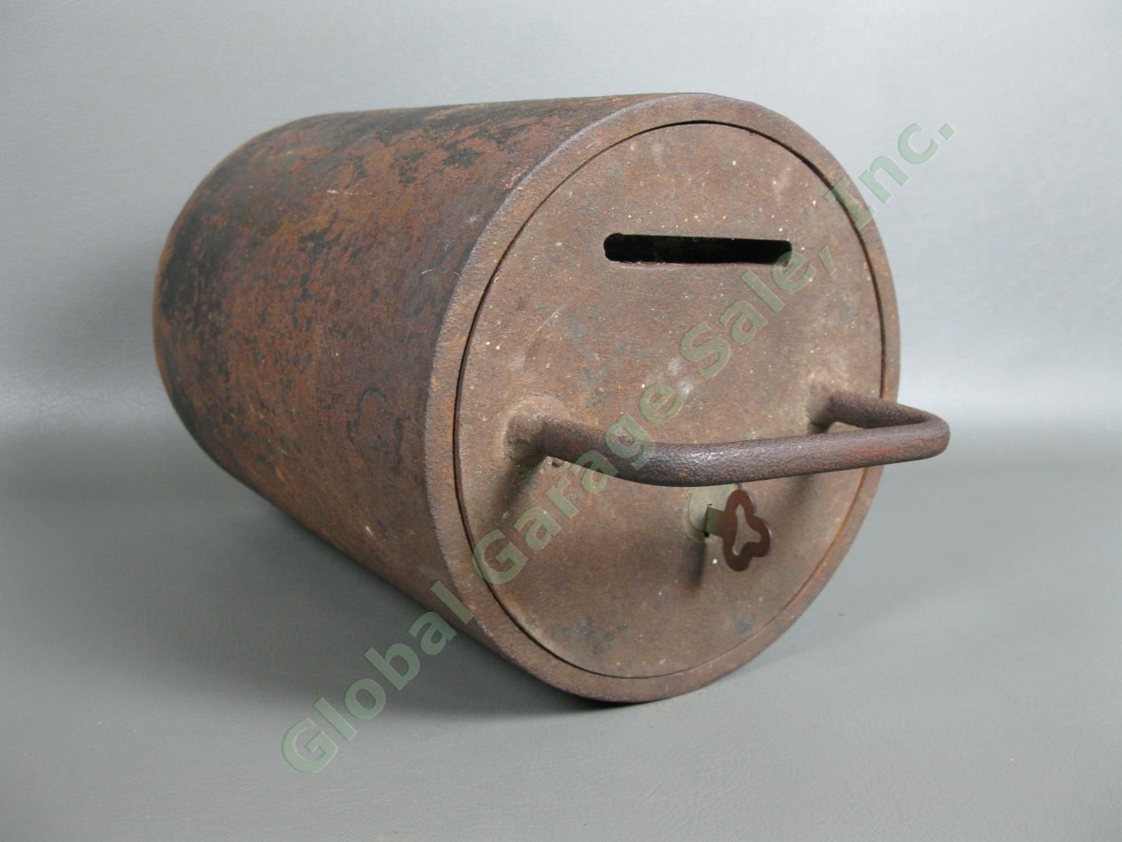 Antique Cast Iron Cylinder Ground Drop Safe Deposit Box Original Bates Lock Key