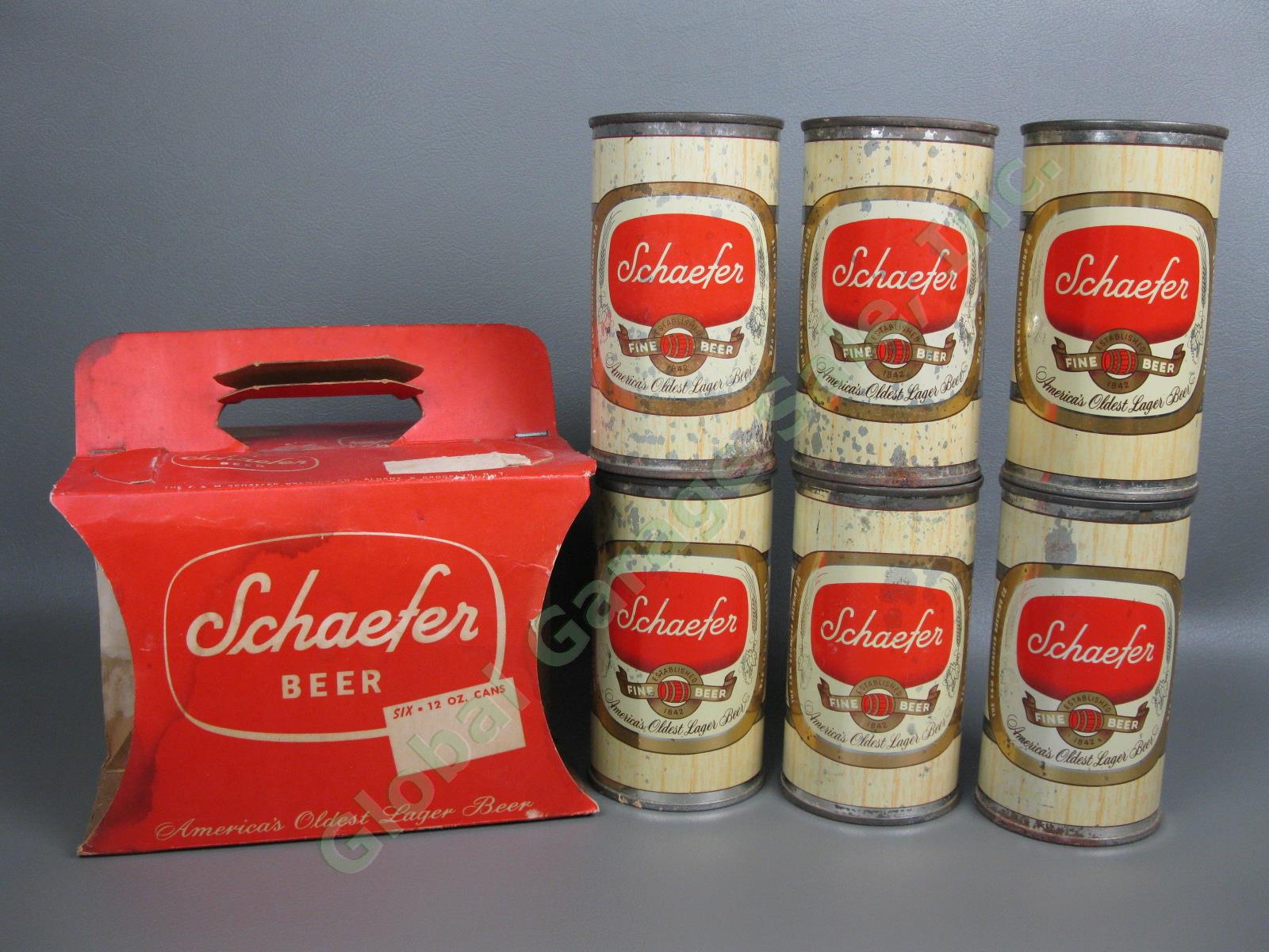 6-Pack Vintage 1950s Schaefer Fine Beer Flat Top 12oz Can Set Red Carrying Case