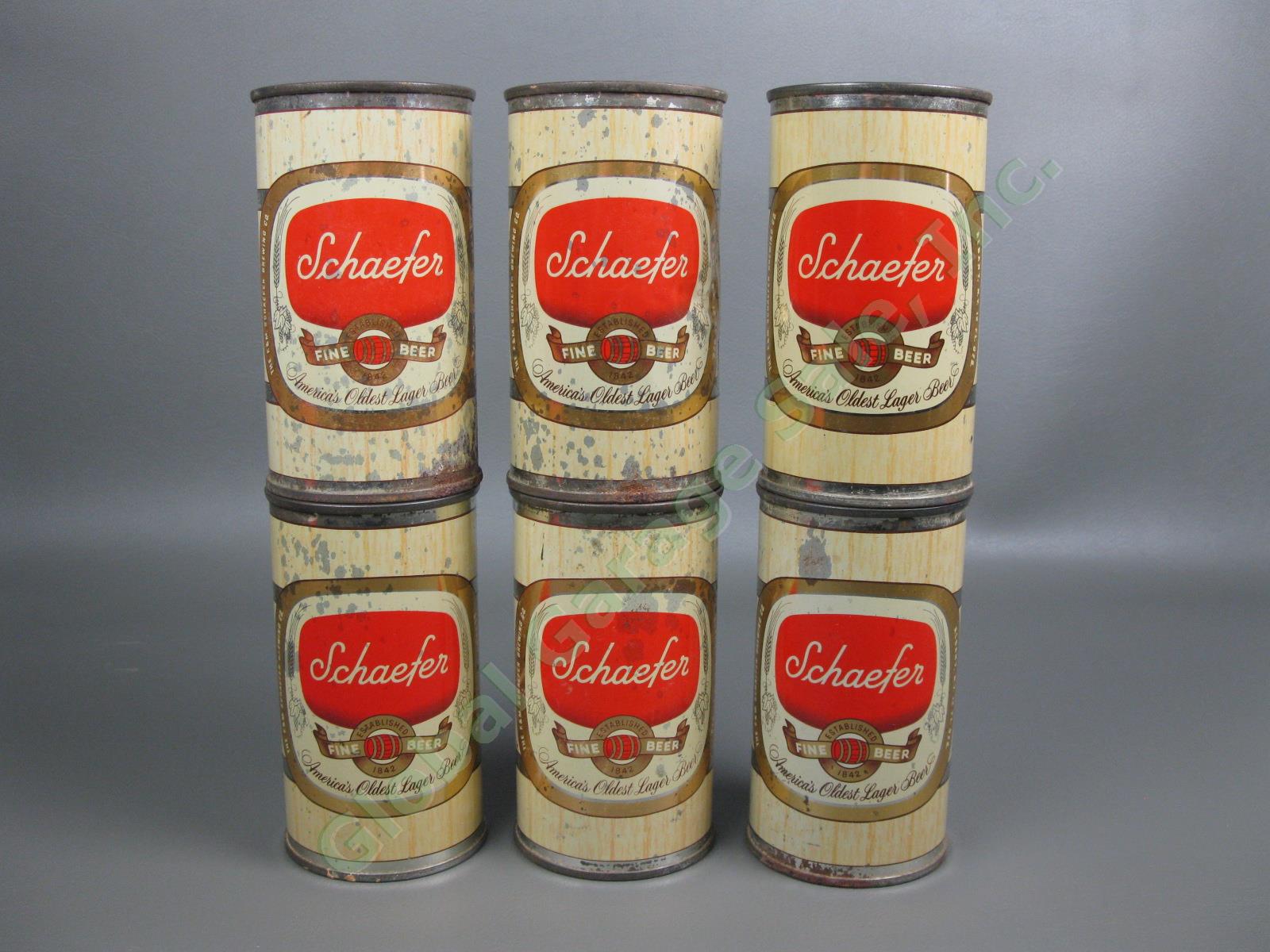 6-Pack Vintage 1950s Schaefer Fine Beer Flat Top 12oz Can Set Red Carrying Case 1