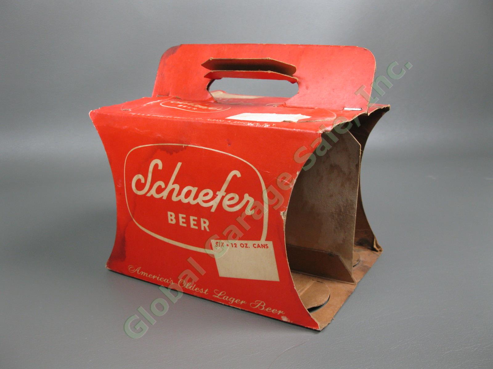 6-Pack Vintage 1950s Schaefer Fine Beer Flat Top 12oz Can Set Red Carrying Case 4