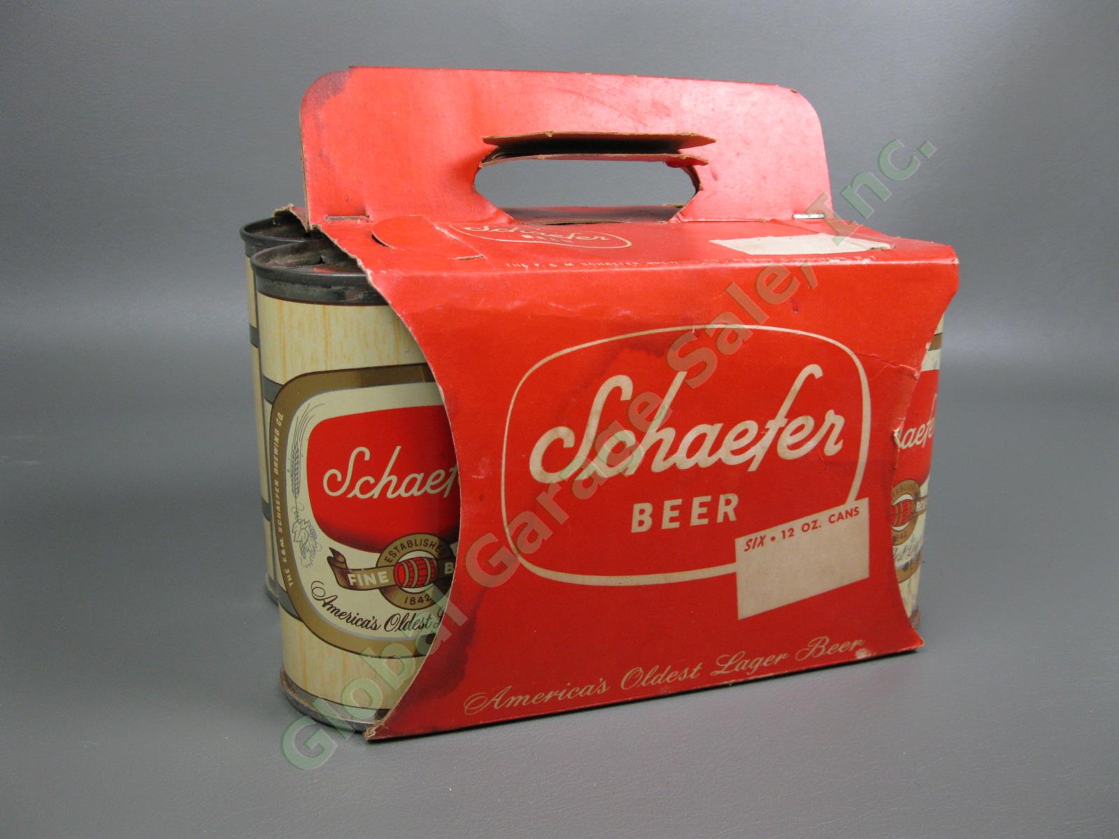 6-Pack Vintage 1950s Schaefer Fine Beer Flat Top 12oz Can Set Red Carrying Case 7