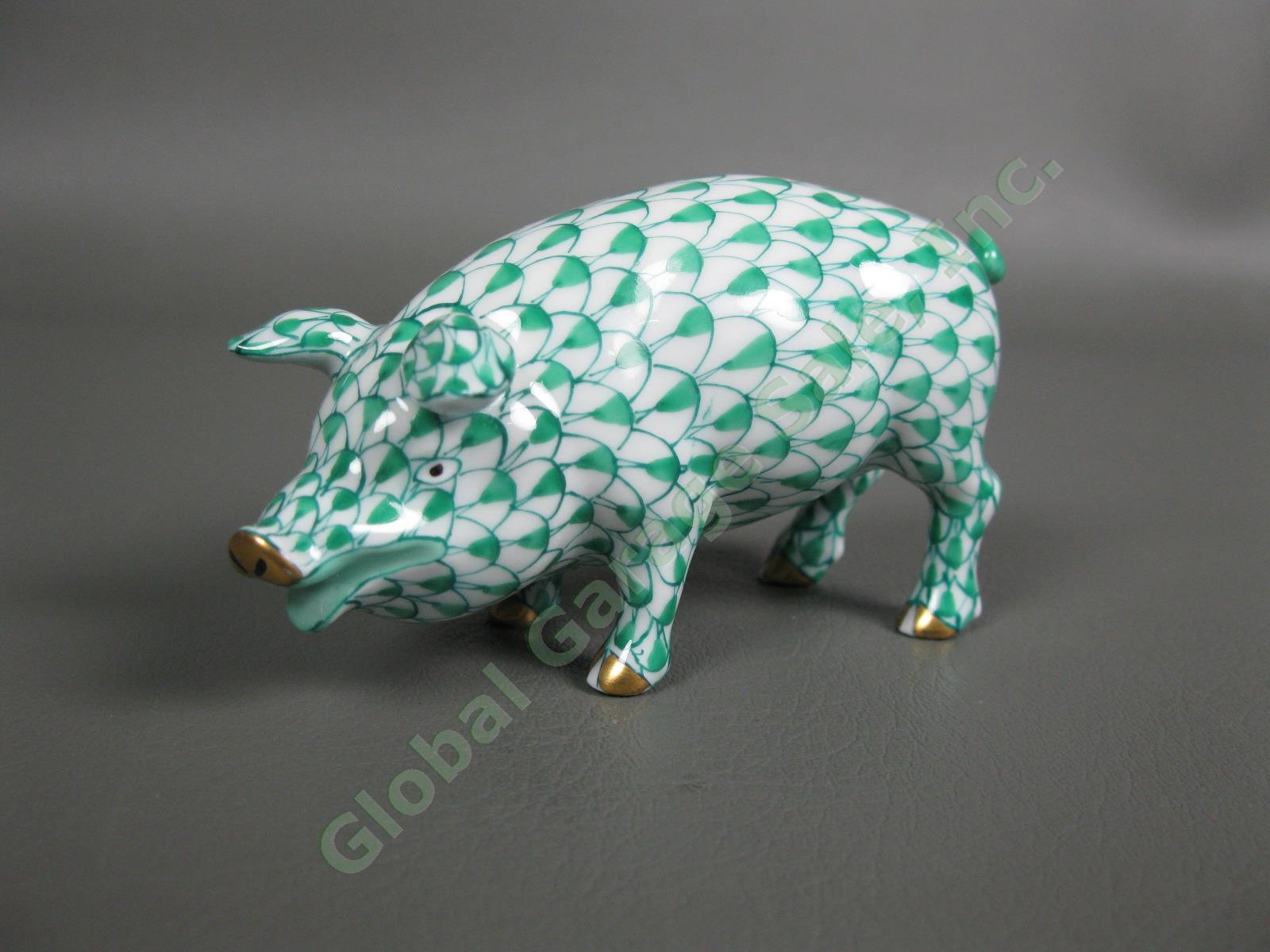 Herend Open Mouth Green Fishnet Pig 24k Gold Accents 15301 Farmyard Figurine NR