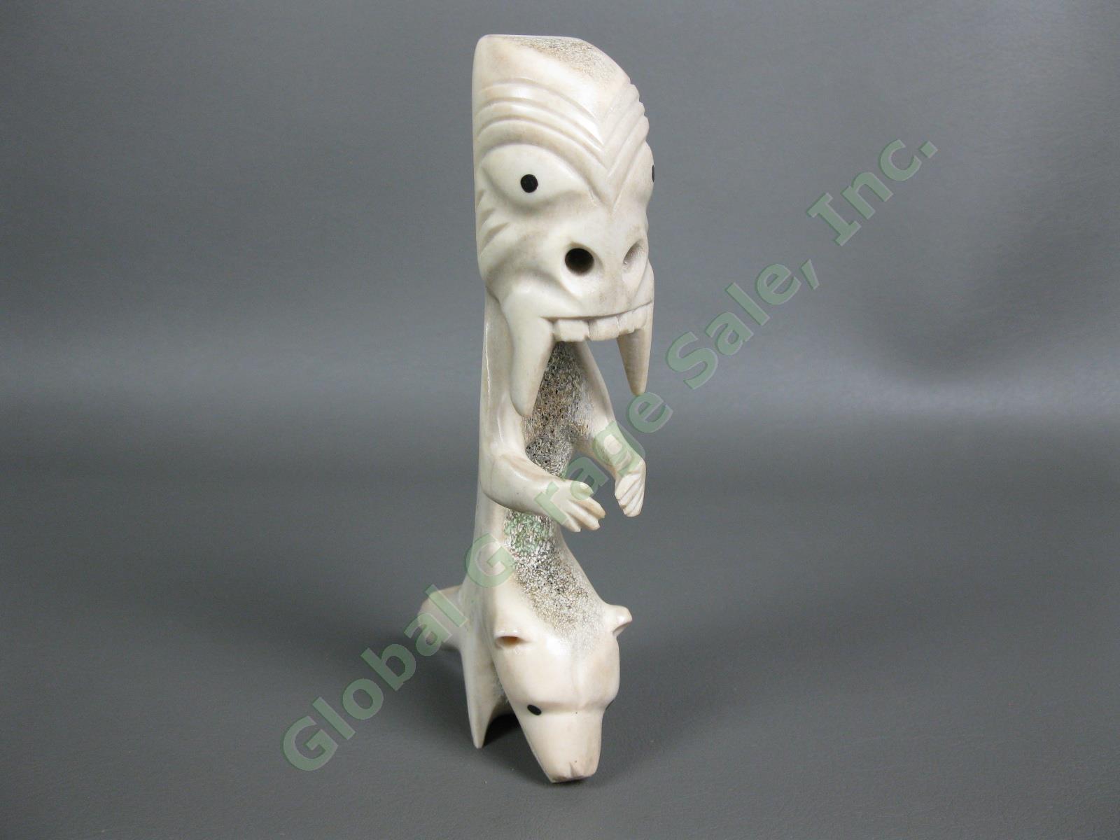 RARE Inuit Carved Antler Bone Polar Bear Seal 6" Figurine Ornate Tribal Carving