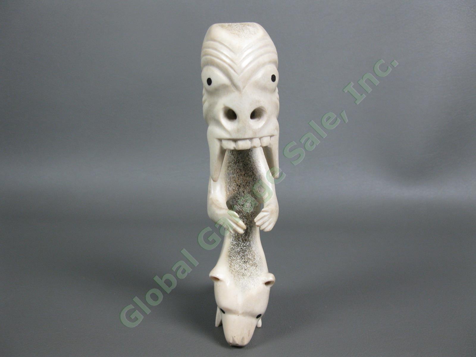 RARE Inuit Carved Antler Bone Polar Bear Seal 6" Figurine Ornate Tribal Carving 1