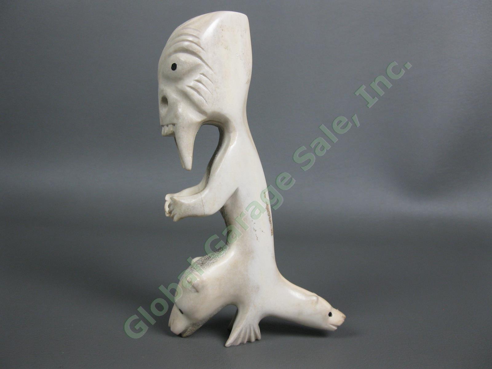 RARE Inuit Carved Antler Bone Polar Bear Seal 6" Figurine Ornate Tribal Carving 2