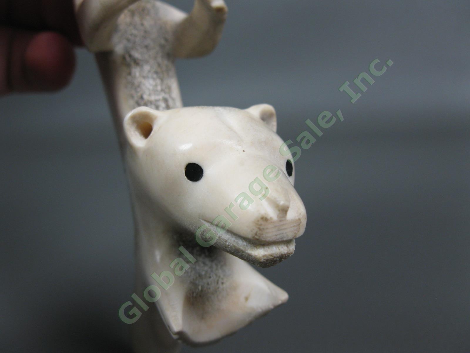 RARE Inuit Carved Antler Bone Polar Bear Seal 6" Figurine Ornate Tribal Carving 4