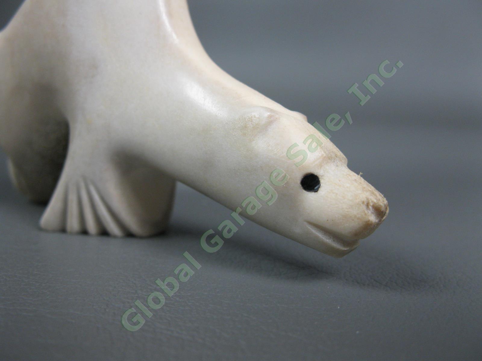 RARE Inuit Carved Antler Bone Polar Bear Seal 6" Figurine Ornate Tribal Carving 5