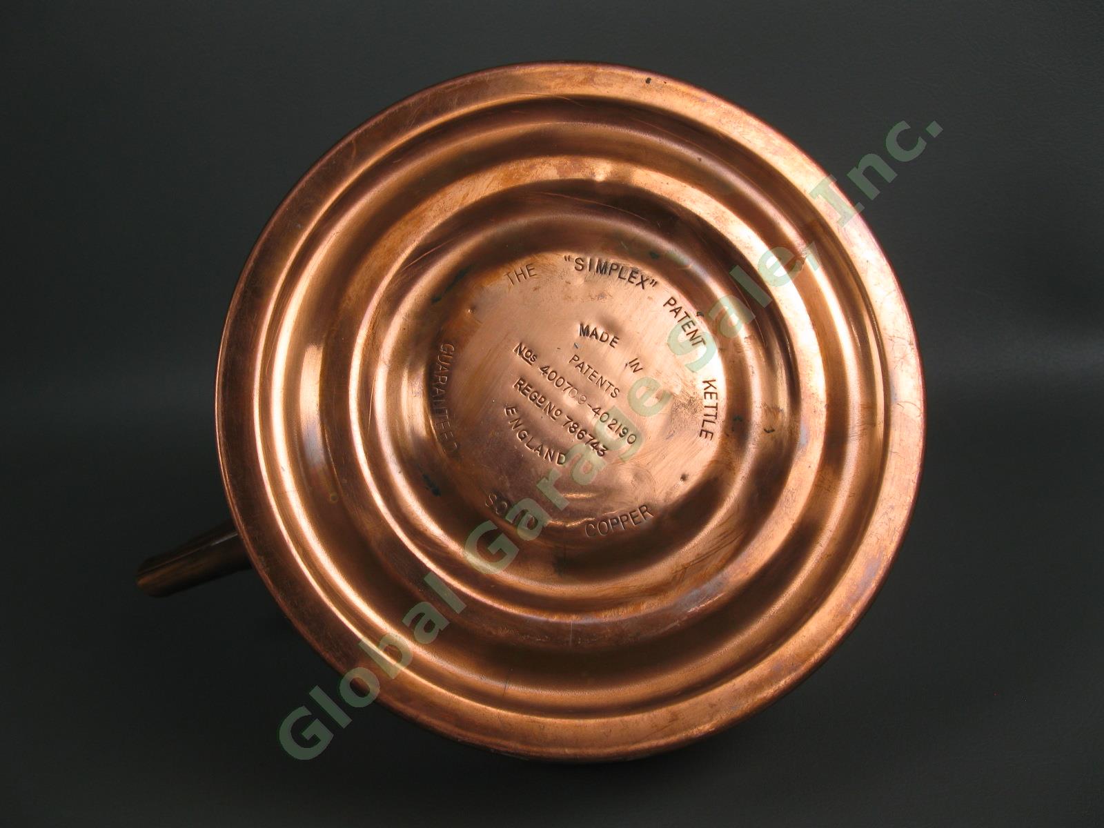 Vintage Simplex Patent Solid Copper Whistling Water Tea Kettle England 400709 NR 1
