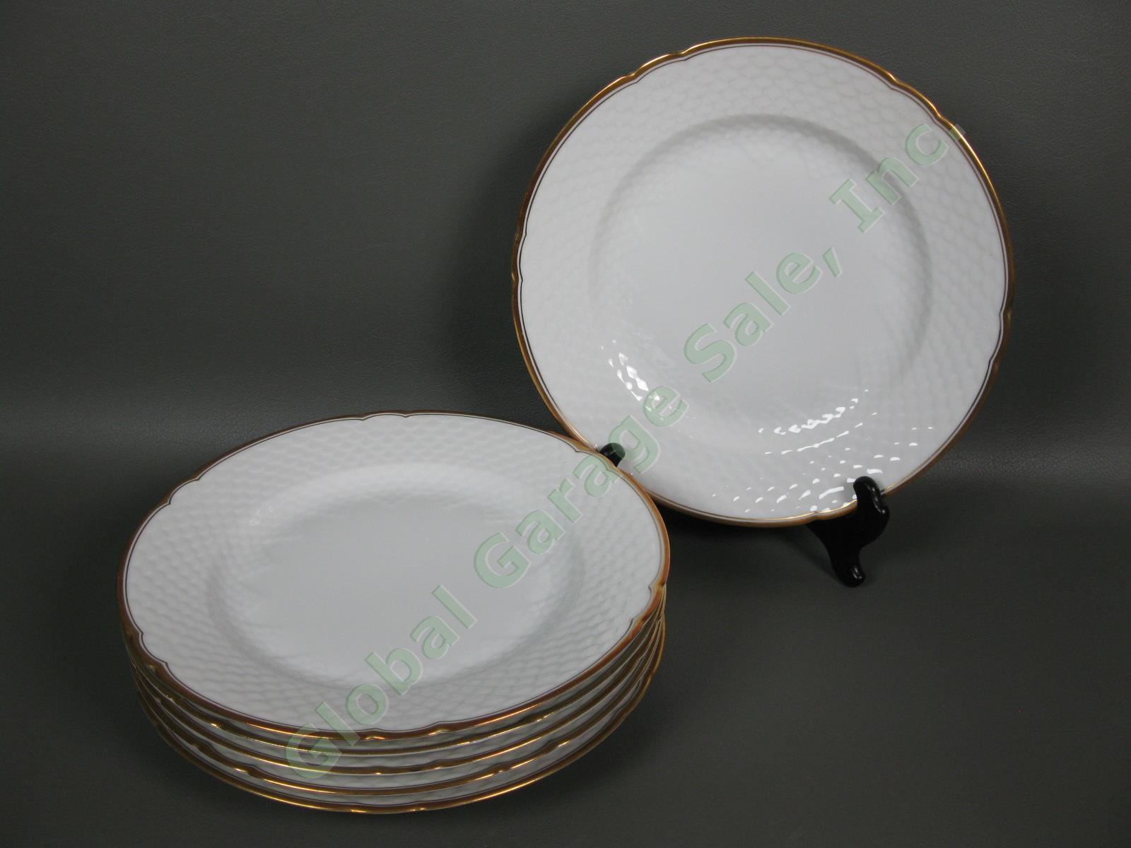 6 B&G Bing & Grondahl Akjaer 9-3/4" Dinner Plate Set White Scalloped Gold Rim NR