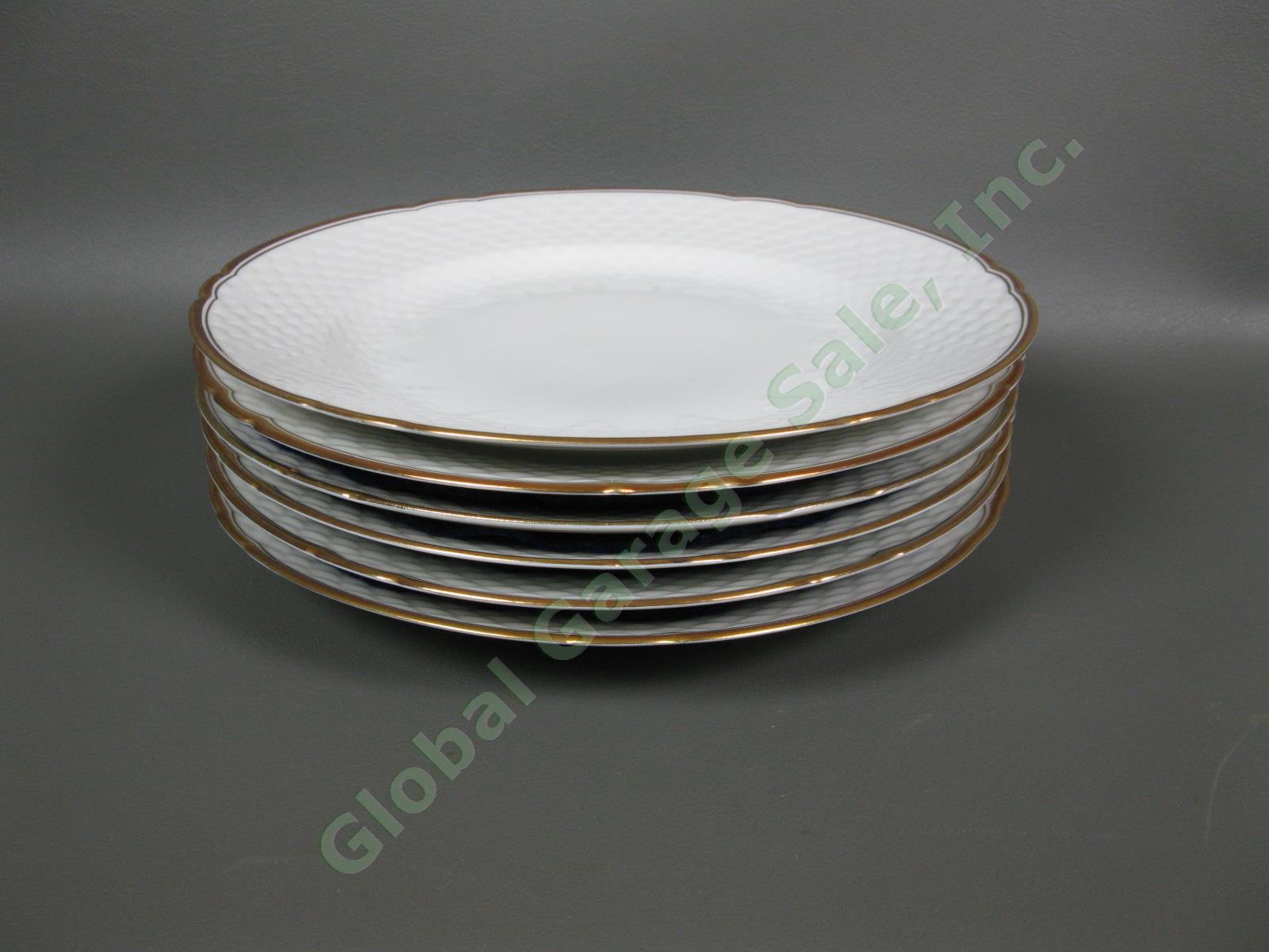 6 B&G Bing & Grondahl Akjaer 9-3/4" Dinner Plate Set White Scalloped Gold Rim NR 1