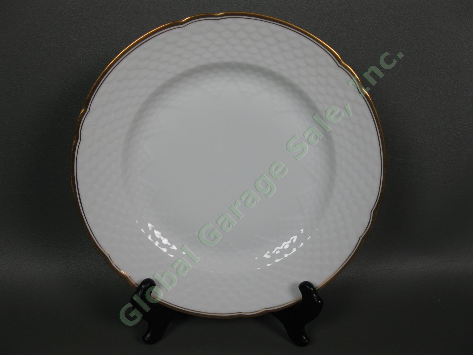 6 B&G Bing & Grondahl Akjaer 9-3/4" Dinner Plate Set White Scalloped Gold Rim NR 2