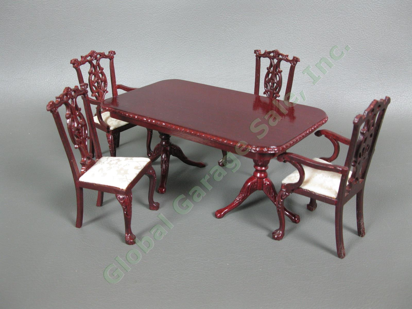 Bespaq Dollhouse Miniature Mahogany Wood Dining Room Table 4 Chair 5 Piece Set