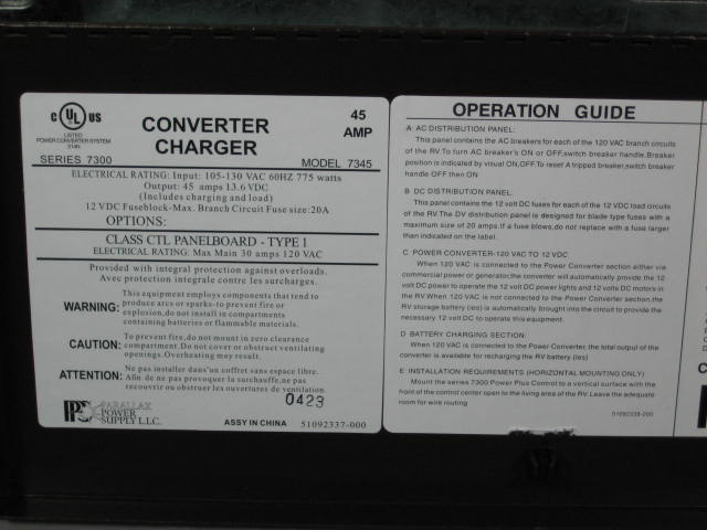 Parallax 7300 Power Supply Center Motorhome Converter 8