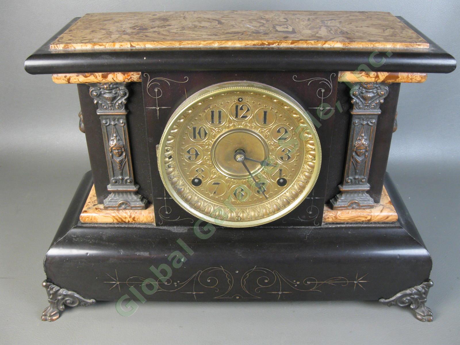 Antique 1896 Seth Thomas Adamantine 102 Black Marble Mantle Mantel Lion Clock NR