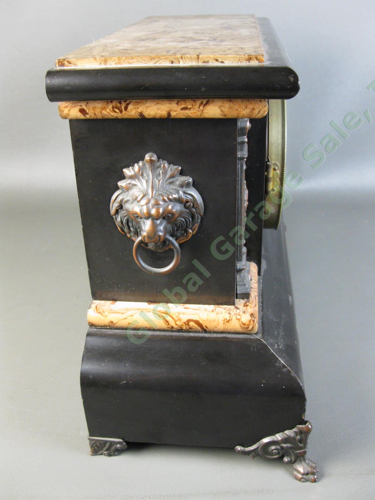 Antique 1896 Seth Thomas Adamantine 102 Black Marble Mantle Mantel Lion Clock NR 2