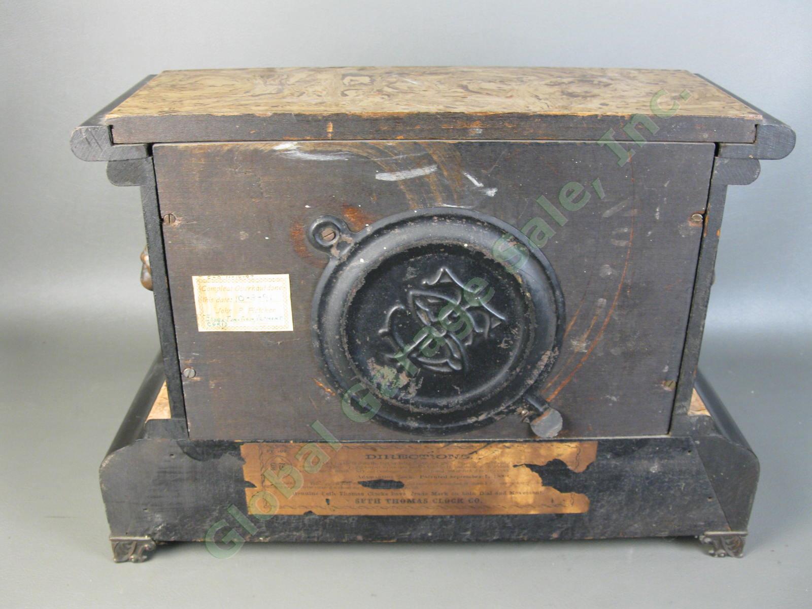 Antique 1896 Seth Thomas Adamantine 102 Black Marble Mantle Mantel Lion Clock NR 3