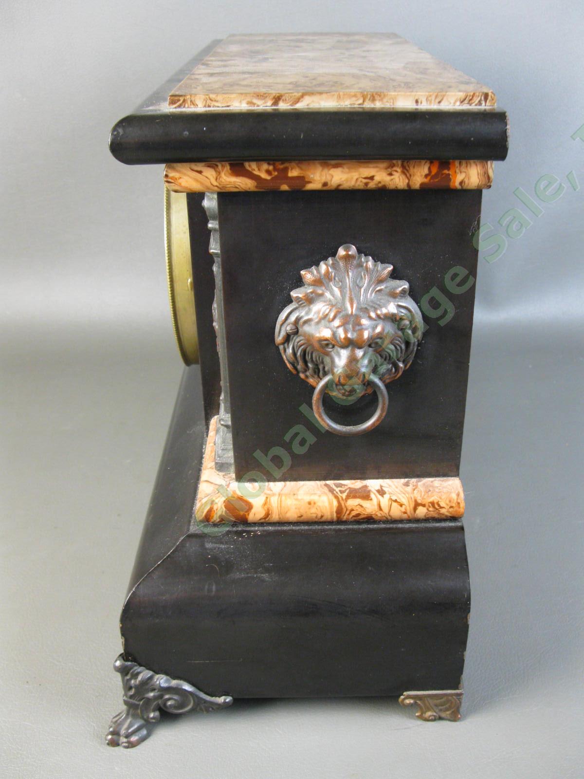 Antique 1896 Seth Thomas Adamantine 102 Black Marble Mantle Mantel Lion Clock NR 4