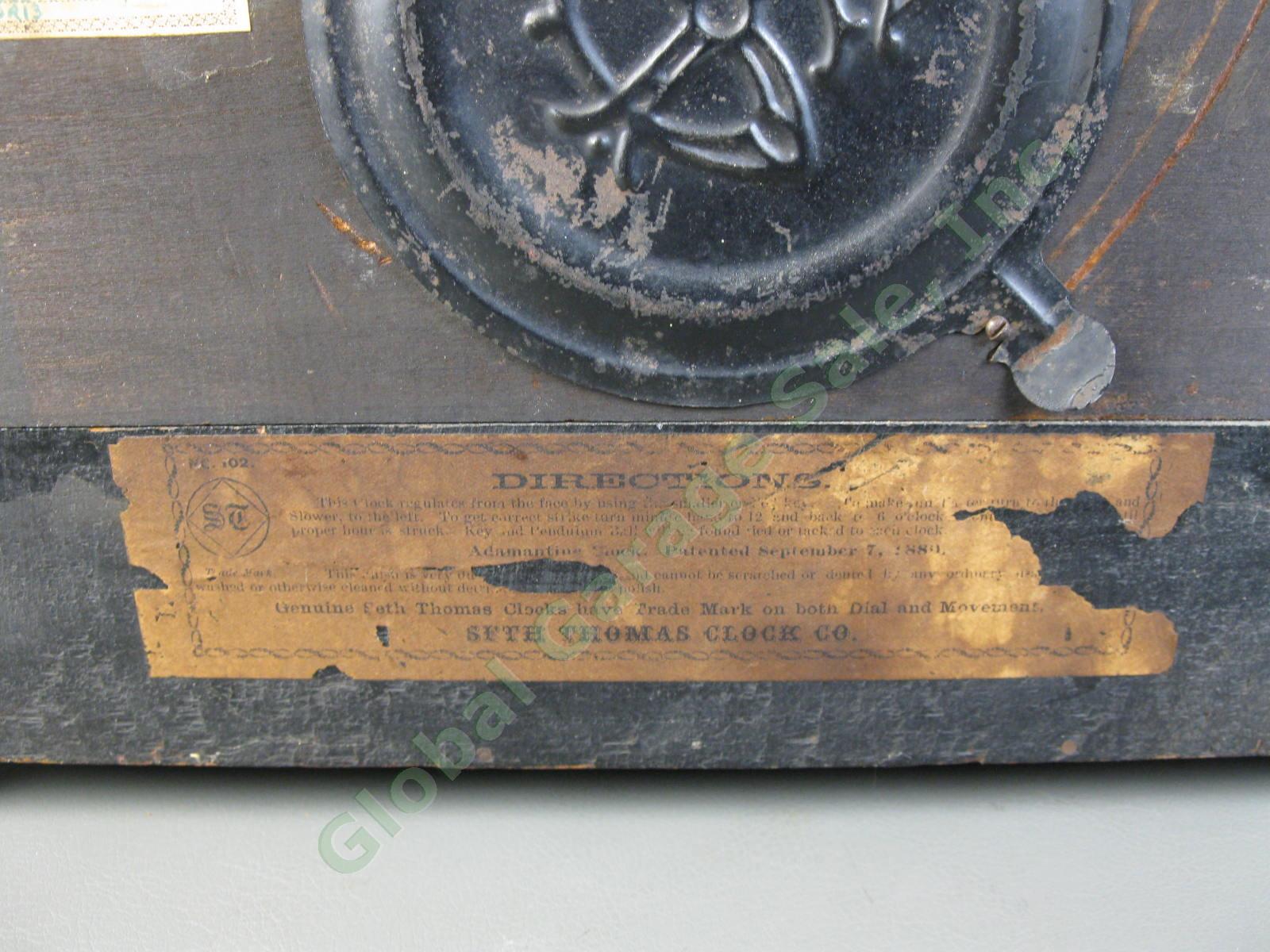Antique 1896 Seth Thomas Adamantine 102 Black Marble Mantle Mantel Lion Clock NR 7