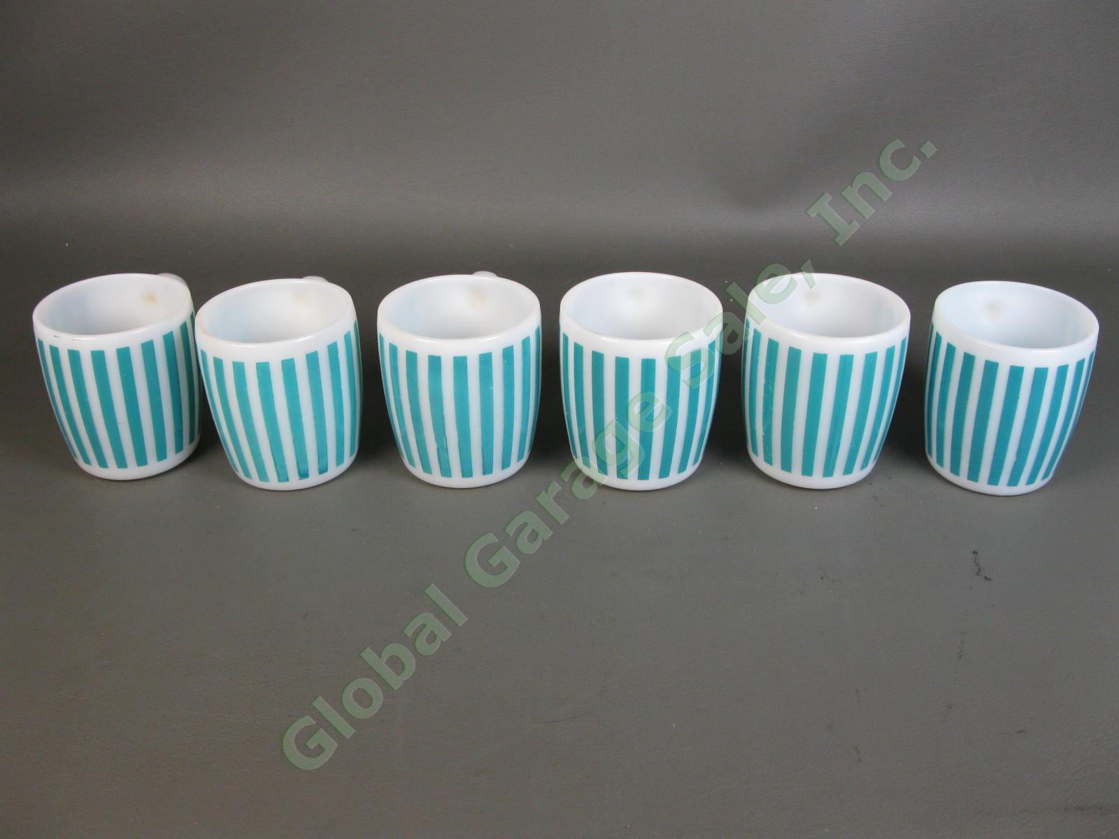 6 Vintage Hazel Atlas MCM Turquoise Blue Candy Stripe Milk Glass Mug Cup Set NR