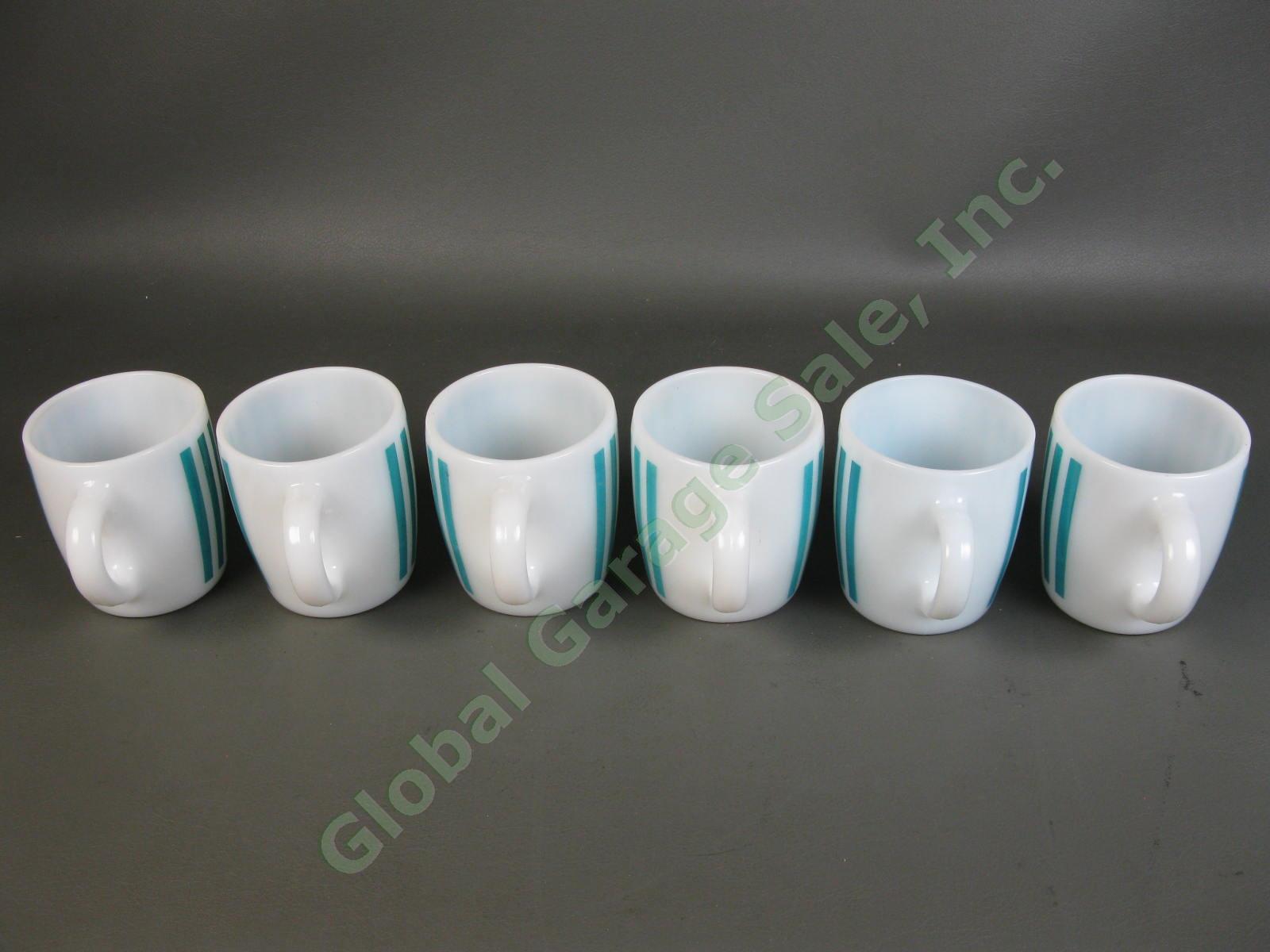 6 Vintage Hazel Atlas MCM Turquoise Blue Candy Stripe Milk Glass Mug Cup Set NR 1