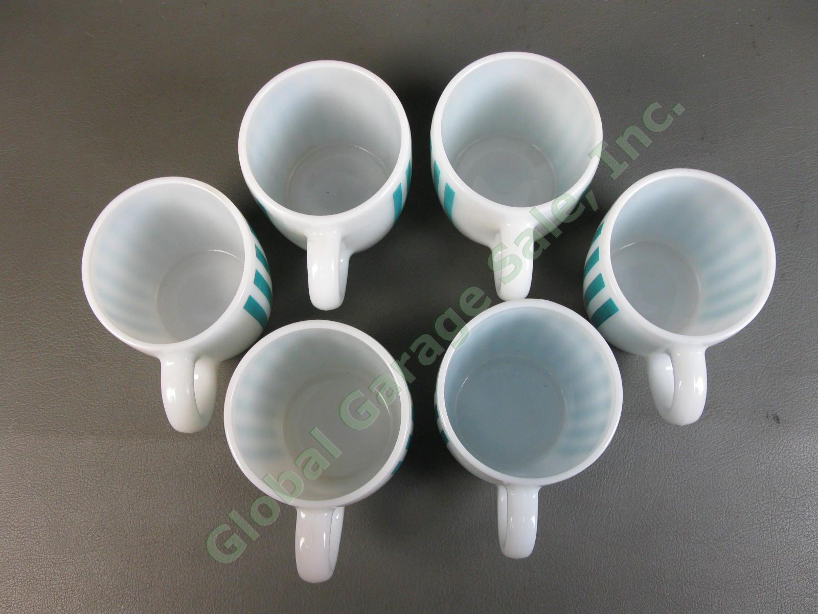 6 Vintage Hazel Atlas MCM Turquoise Blue Candy Stripe Milk Glass Mug Cup Set NR 2
