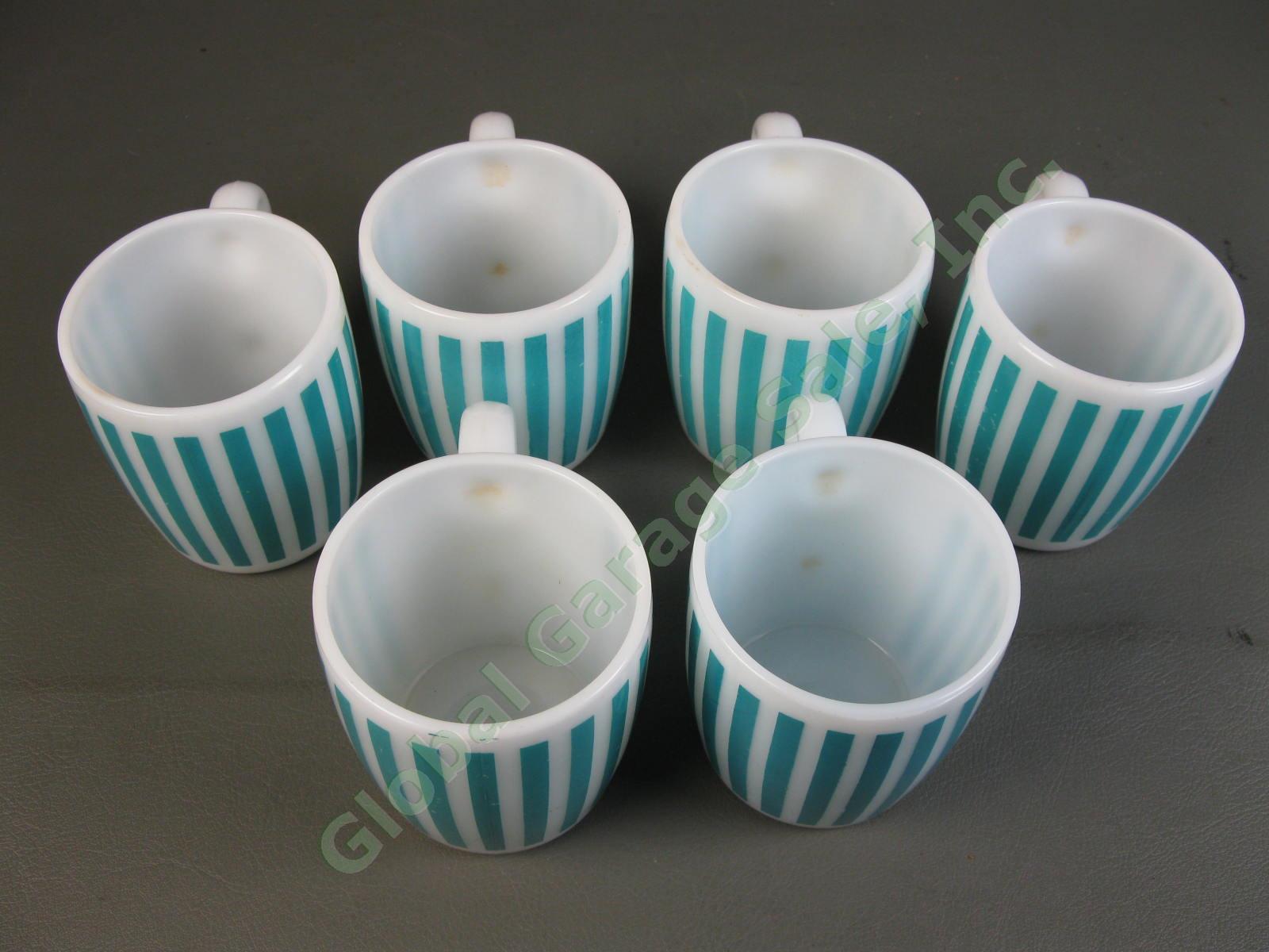 6 Vintage Hazel Atlas MCM Turquoise Blue Candy Stripe Milk Glass Mug Cup Set NR 3