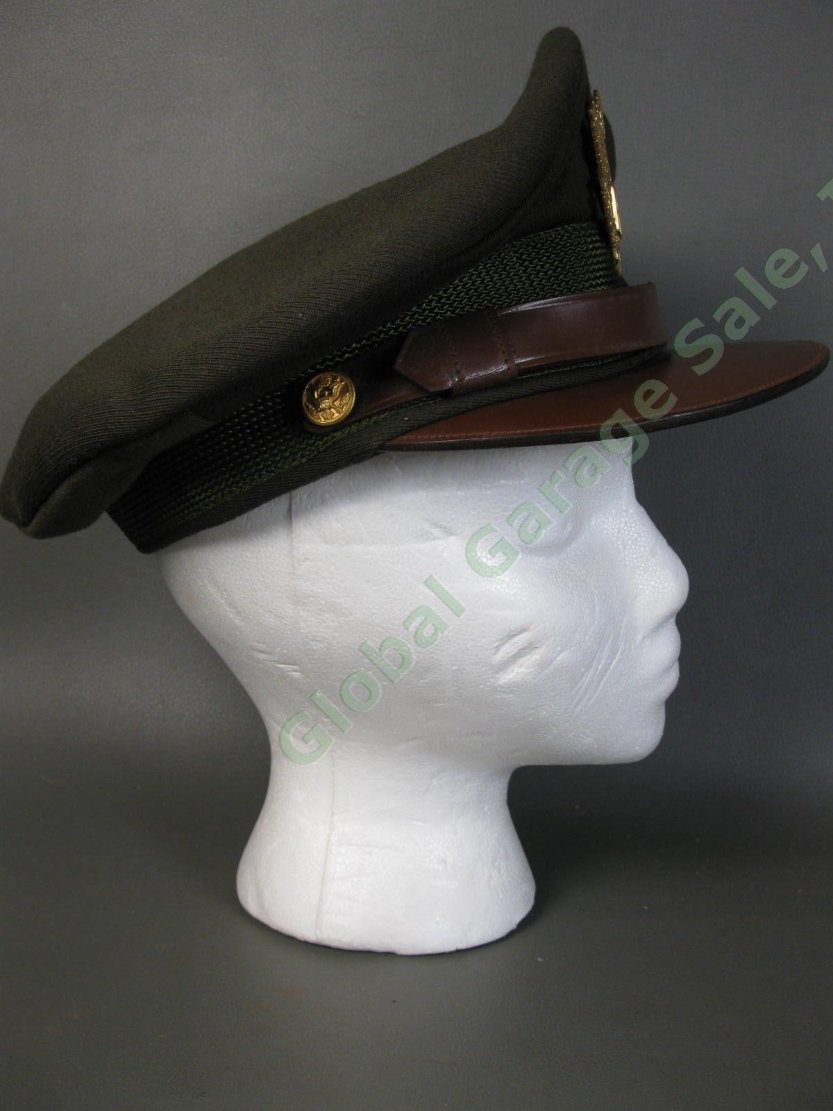 Original WWII 1942 US Army Military Service Officer Wool Olive Drab Dark Cap Hat 3